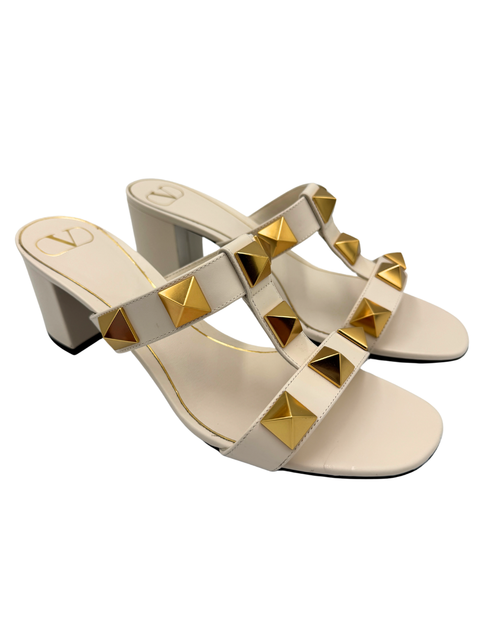 Size 40 Roman Stud Slide Heel Sandals 60mm in Ivory Smooth Calfskin Leather