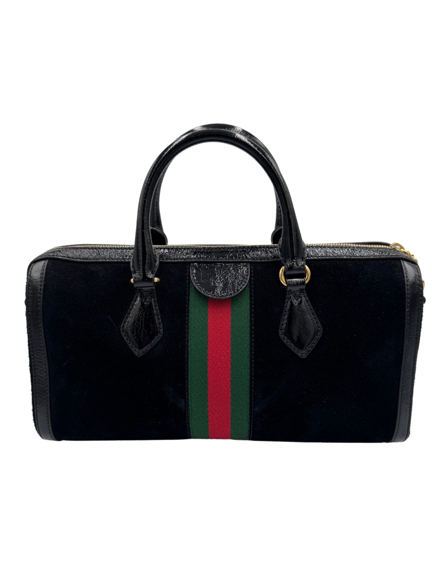 Ophidia Boston Bag in Black Suede & Patent Leather