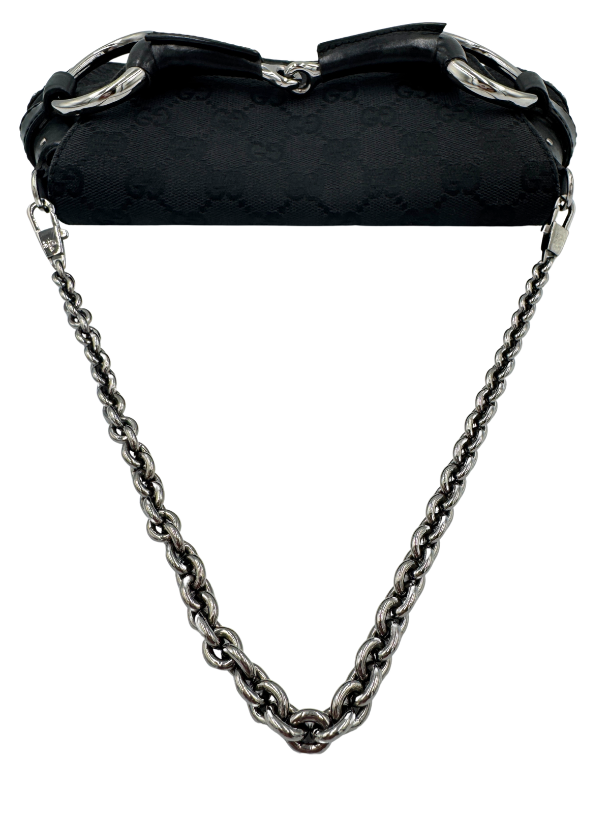 Vintage Tom Ford Era Studded Horsebit Shoulder Bag in Black Monogram GG Supreme Canvas