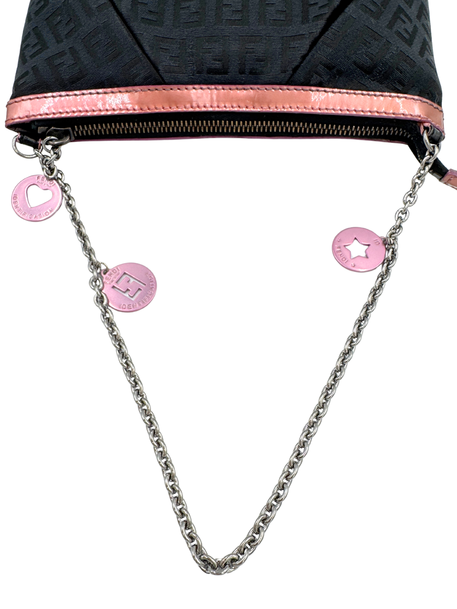 Vintage Zucchino FF Pochette Shoulder Bag with Fendi Strap Charms in Black Monogram Logo Jacquard Fabric with Pink Trim