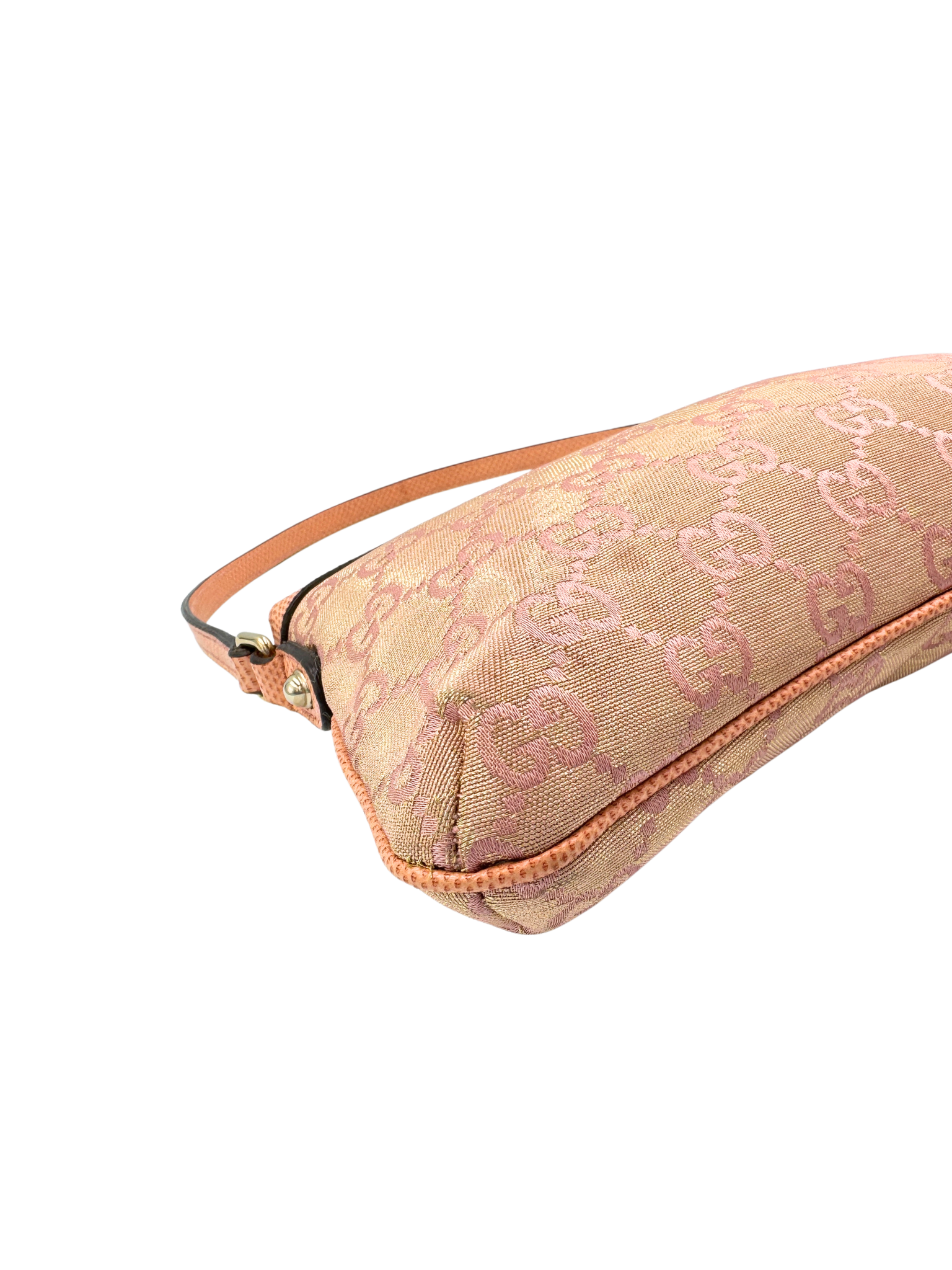 Iridescent GG Monogram Shoulder Bag Pochette with Bumble Bee Charm in Pink Canvas with Lizard Embossed Trim