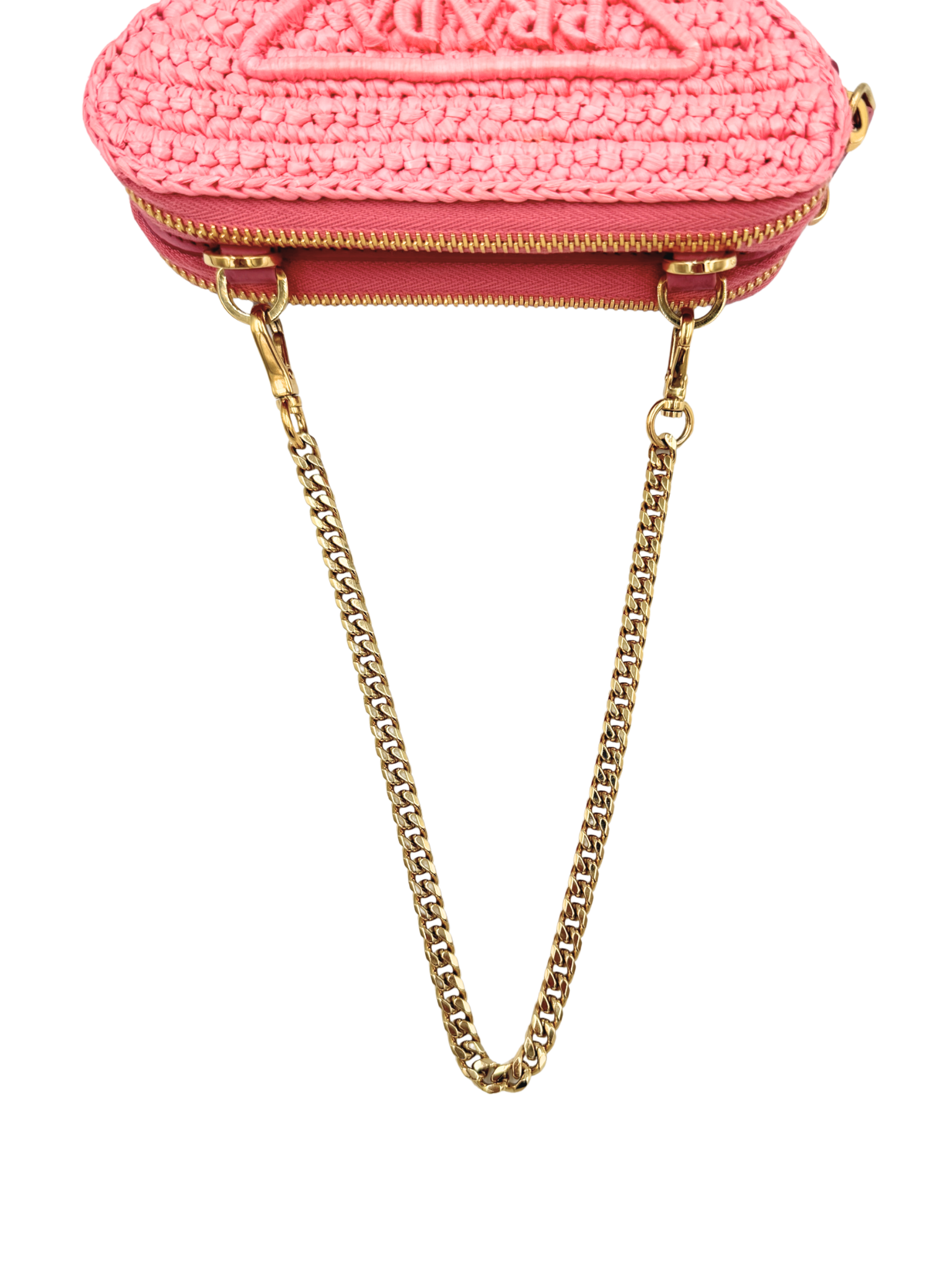 Triangle Logo Shoulder Bag in Pink Crochet Raffia & Leather