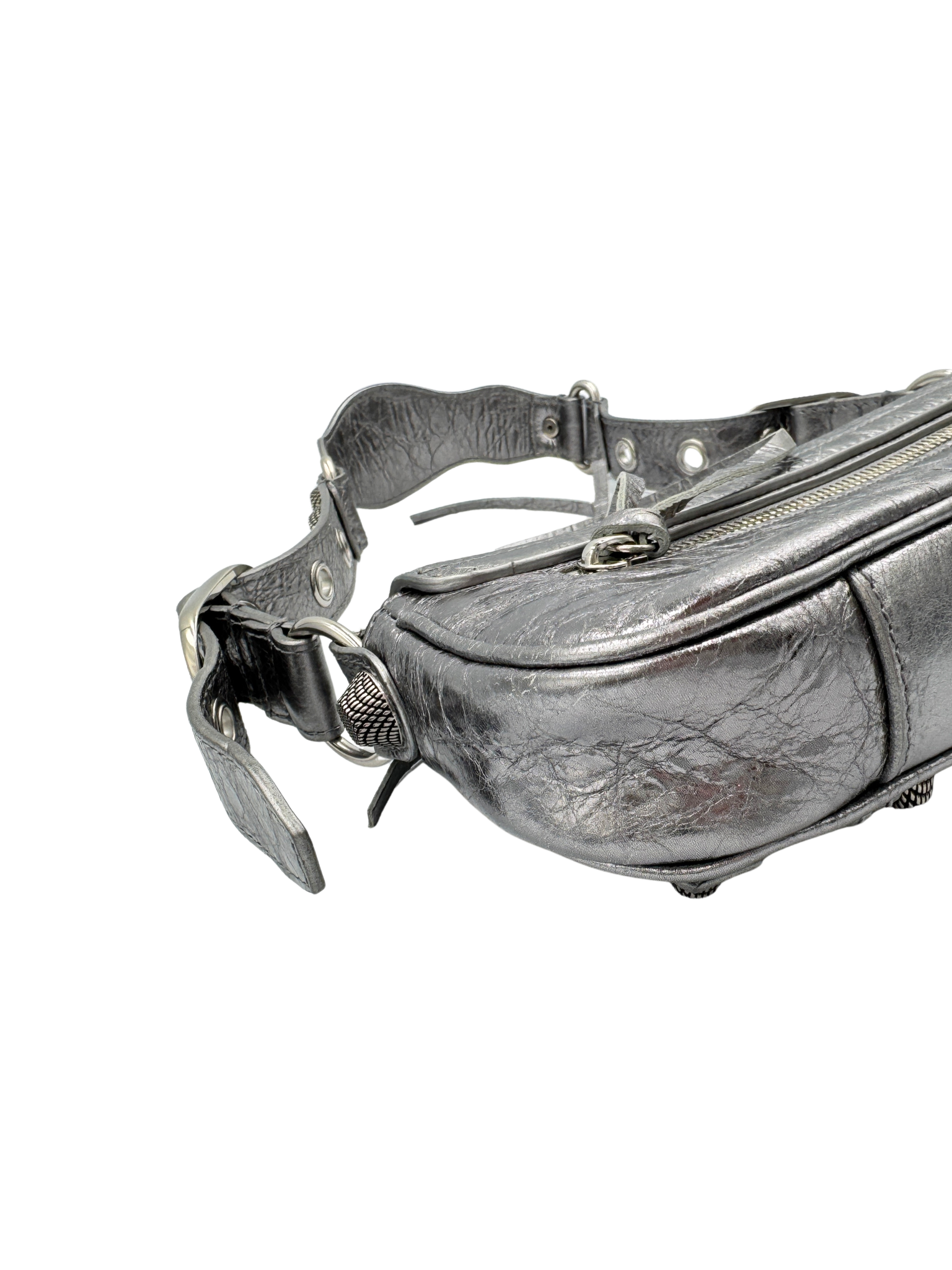Metallic Small Le Cagole Sling City Shoulder Bag in Aged Silver Pewter Leather