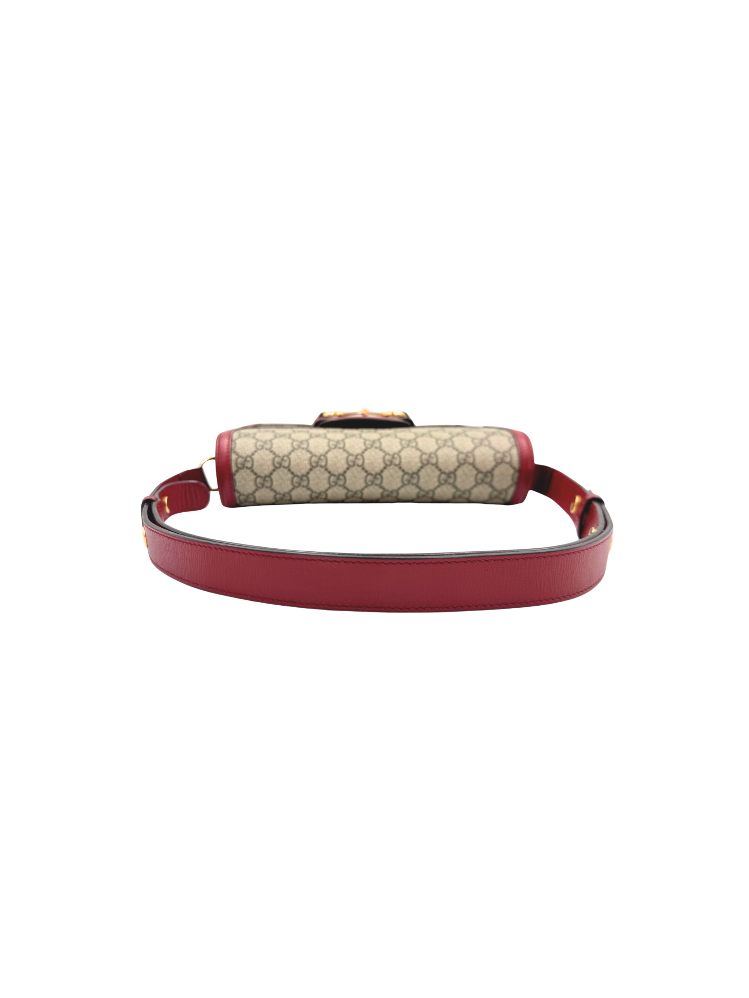 1955 Horsebit Shoulder Bag in Brown and Tan Monogram GG Supreme Coated Canvas with Burgundy Leather Trim (Copy)