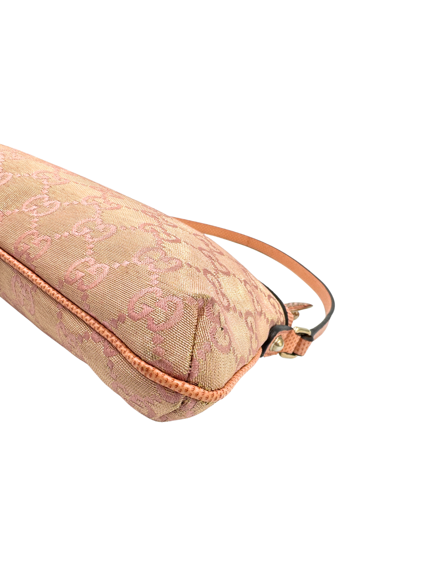 Iridescent GG Monogram Shoulder Bag Pochette with Bumble Bee Charm in Pink Canvas with Lizard Embossed Trim