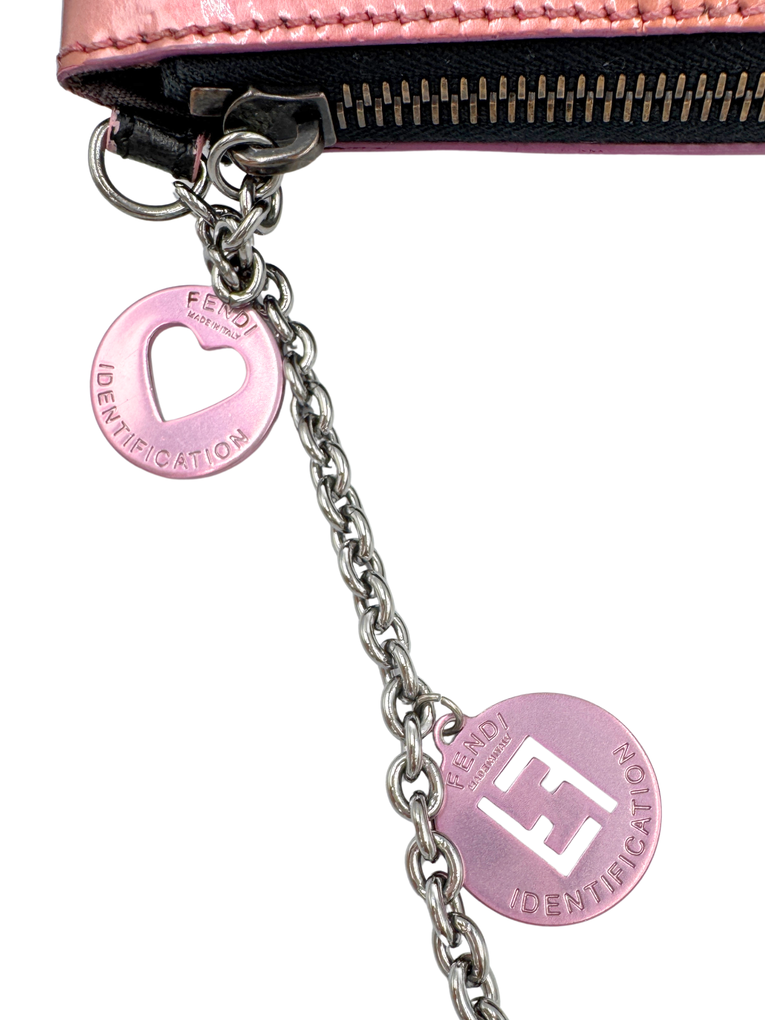 Vintage Zucchino FF Pochette Shoulder Bag with Fendi Strap Charms in Black Monogram Logo Jacquard Fabric with Pink Trim