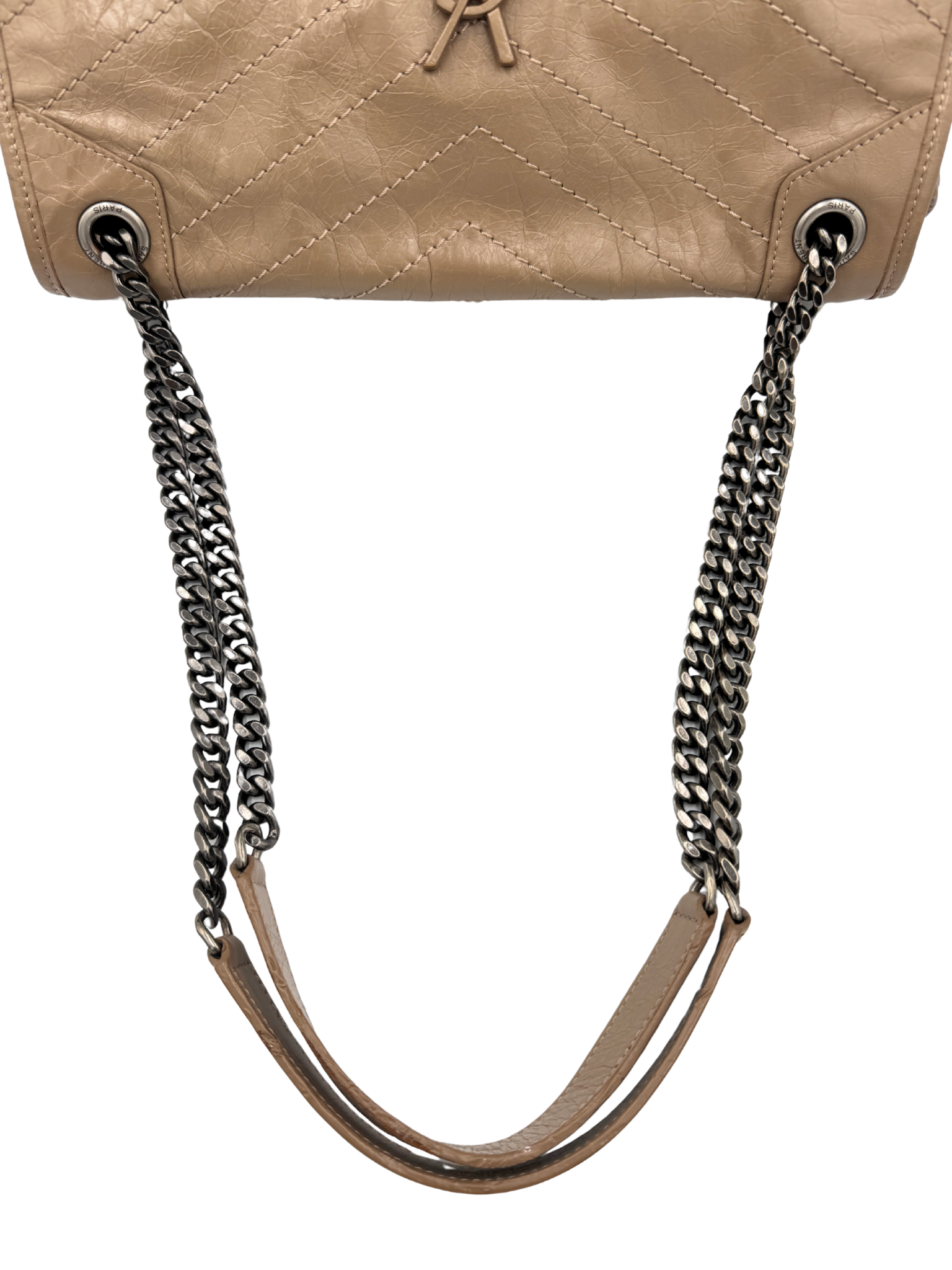 Medium Niki Chevron YSL Logo Shoulder Bag in Taupe Crinkled Calfskin Leather