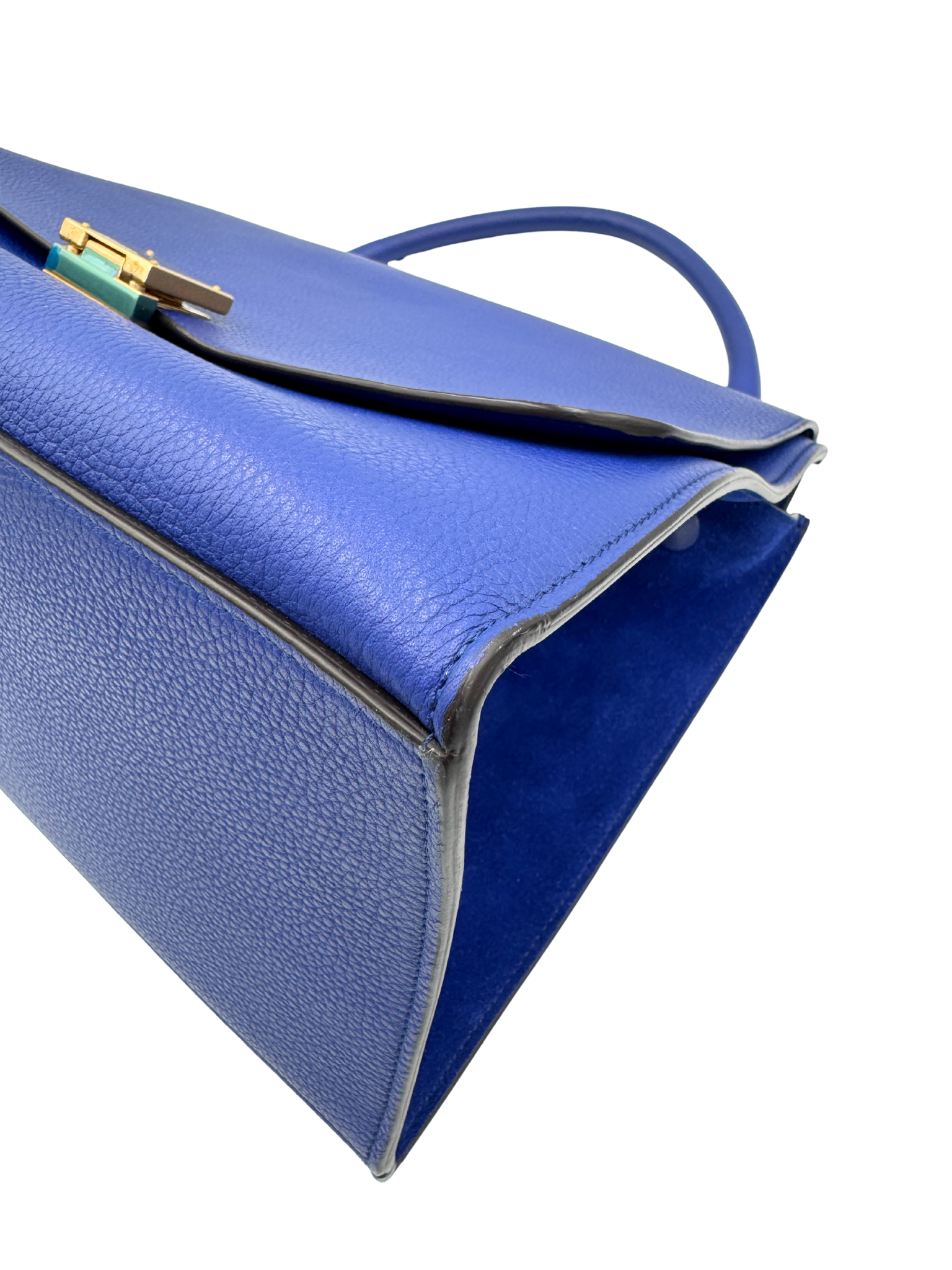 Medium Trapeze Shoulder Bag with Top Handle in Blue Calfskin Leather & Suede