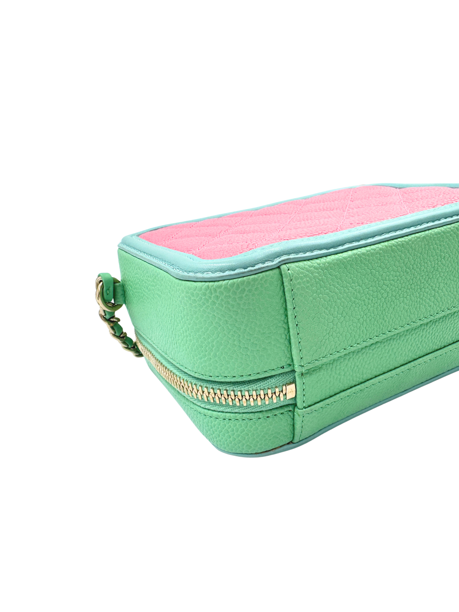 Small Tri-Color CC Classic Quilted Filigree Vanity Case Shoulder Bag in Pink/Green/Blue Caviar Leather