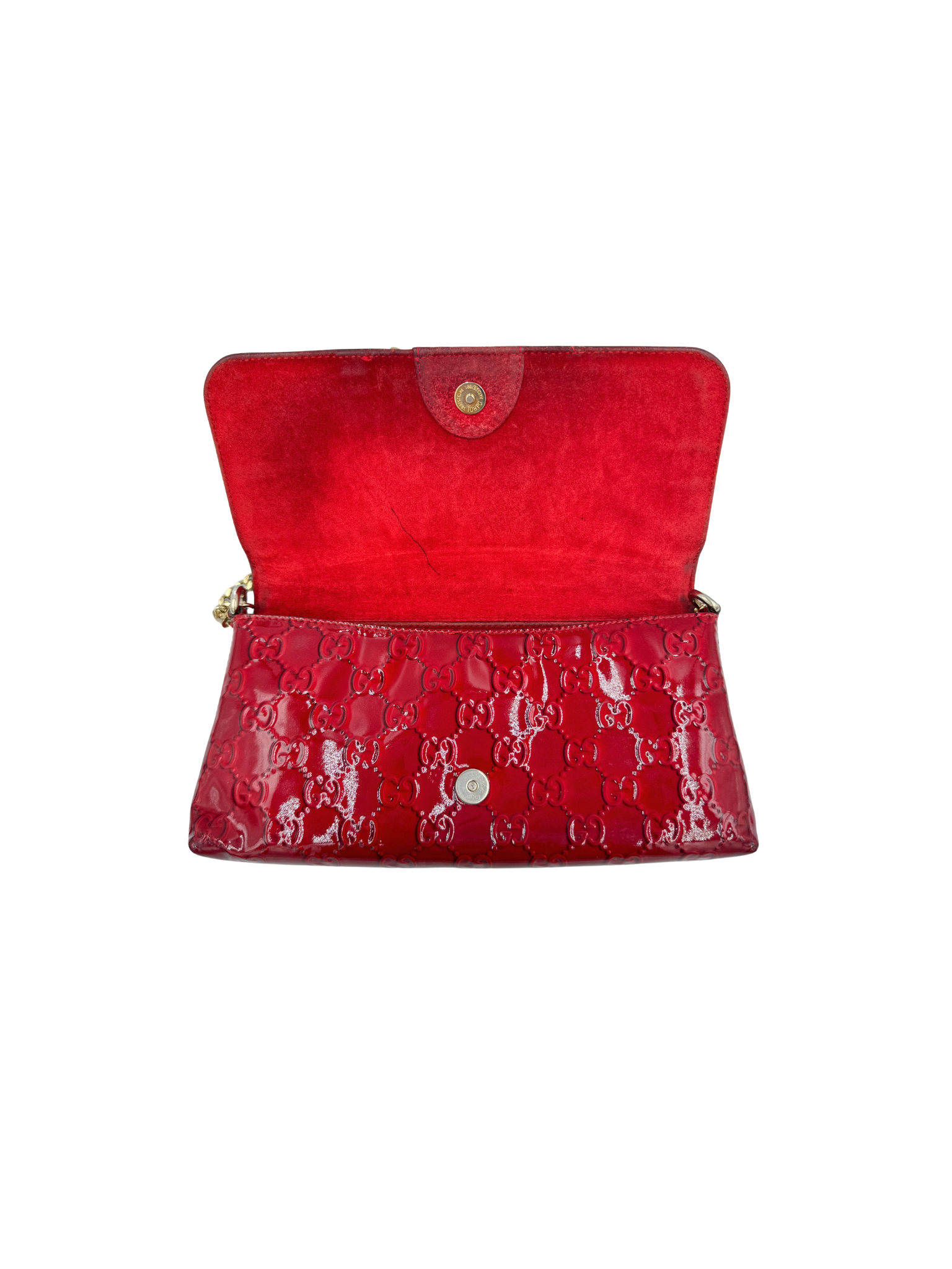 GG Monogram Shoulder Bag Pochette with Heart Accents in Red Patent Leather