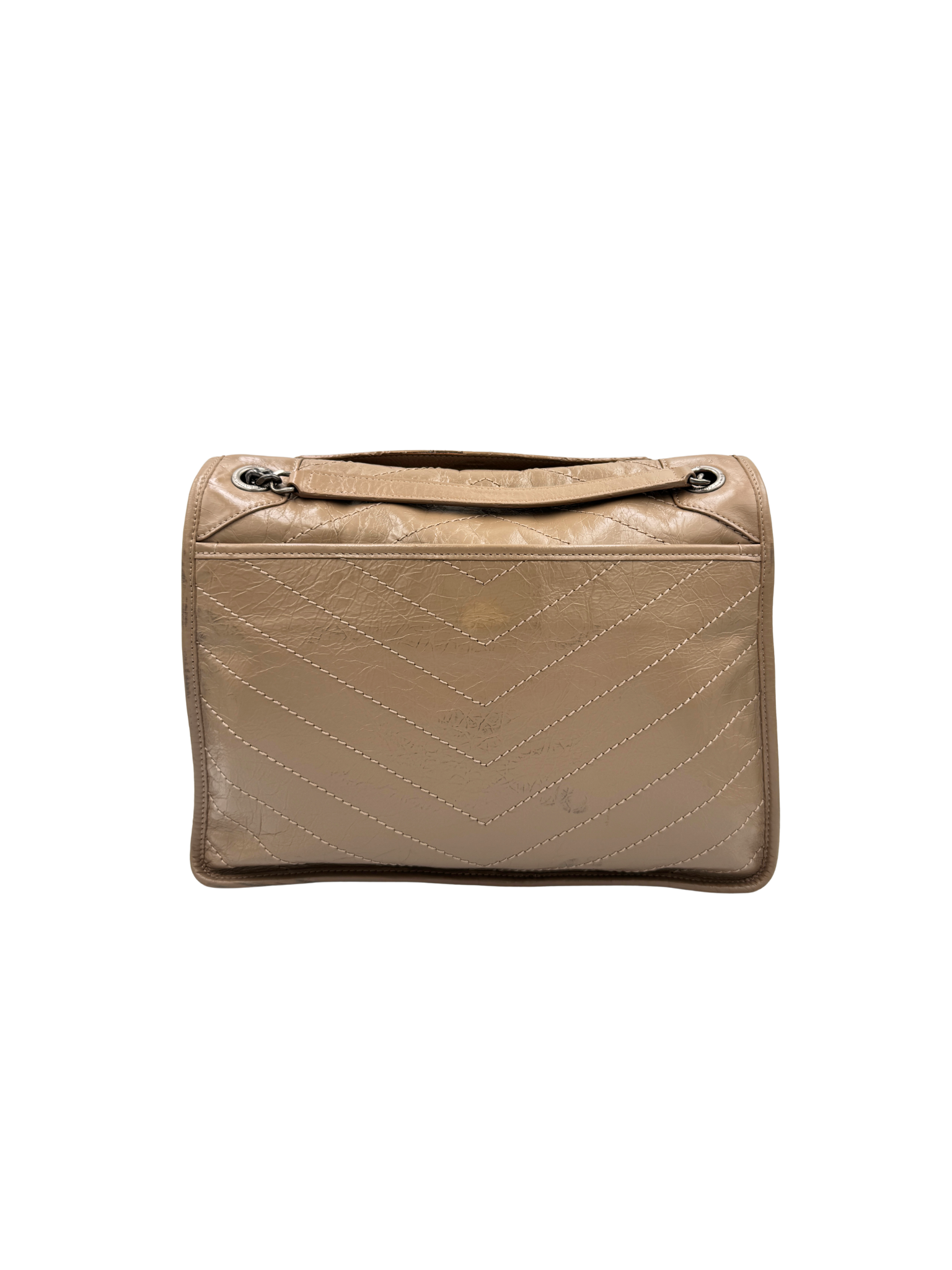 Medium Niki Chevron YSL Logo Shoulder Bag in Taupe Crinkled Calfskin Leather