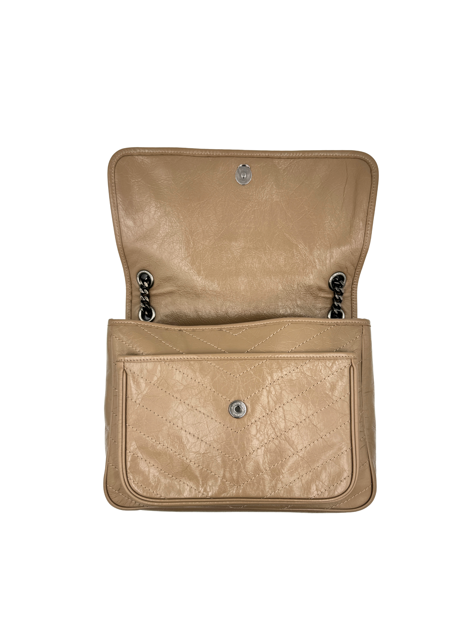 Medium Niki Chevron YSL Logo Shoulder Bag in Taupe Crinkled Calfskin Leather