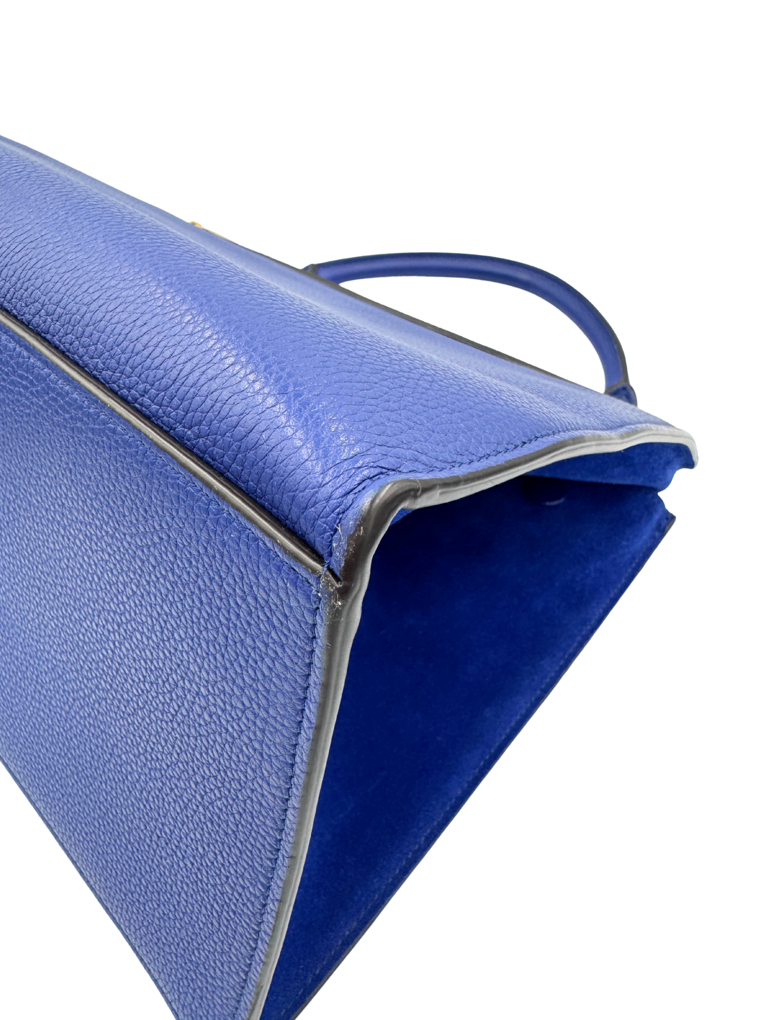 Medium Trapeze Shoulder Bag with Top Handle in Blue Calfskin Leather & Suede