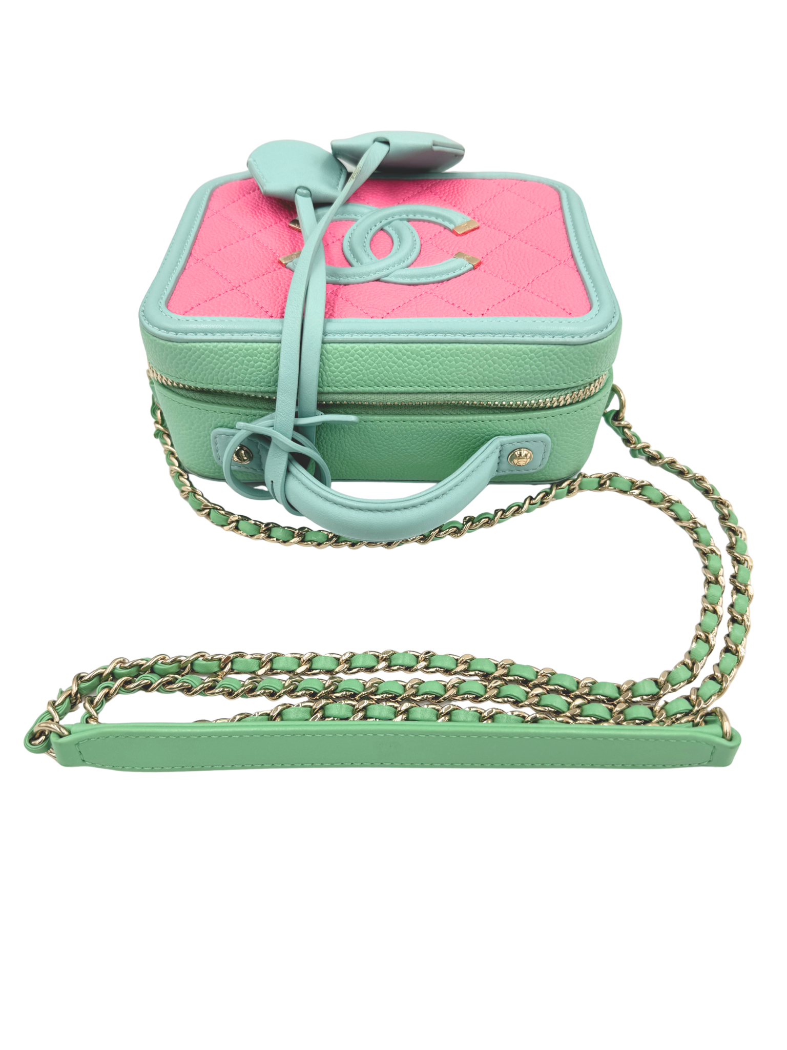 Small Tri-Color CC Classic Quilted Filigree Vanity Case Shoulder Bag in Pink/Green/Blue Caviar Leather
