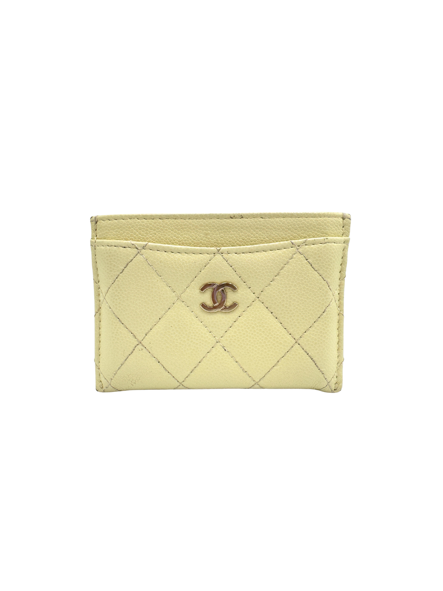 Quilted Classic CC Card Holder Wallet in Light Yellow Caviar Leather