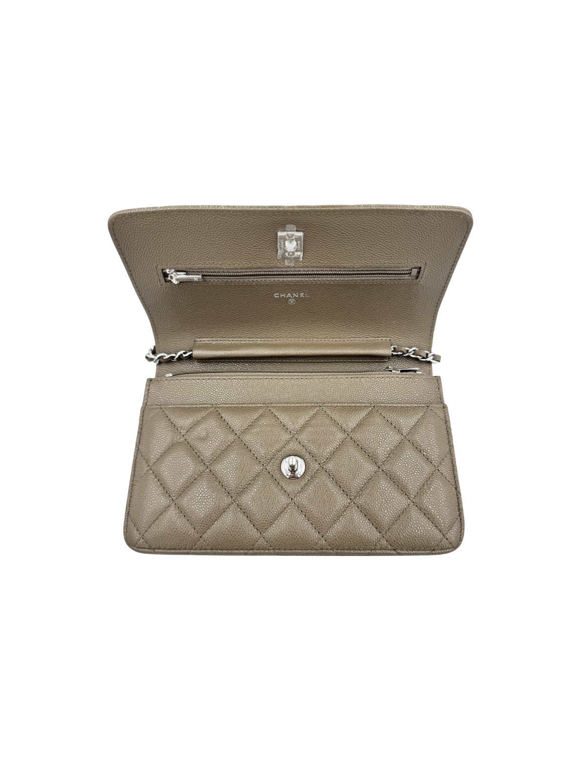 Classic Quilted Wallet on Chain Crossbody Shoulder Bag with CC Turnlock in Taupe Caviar Leather