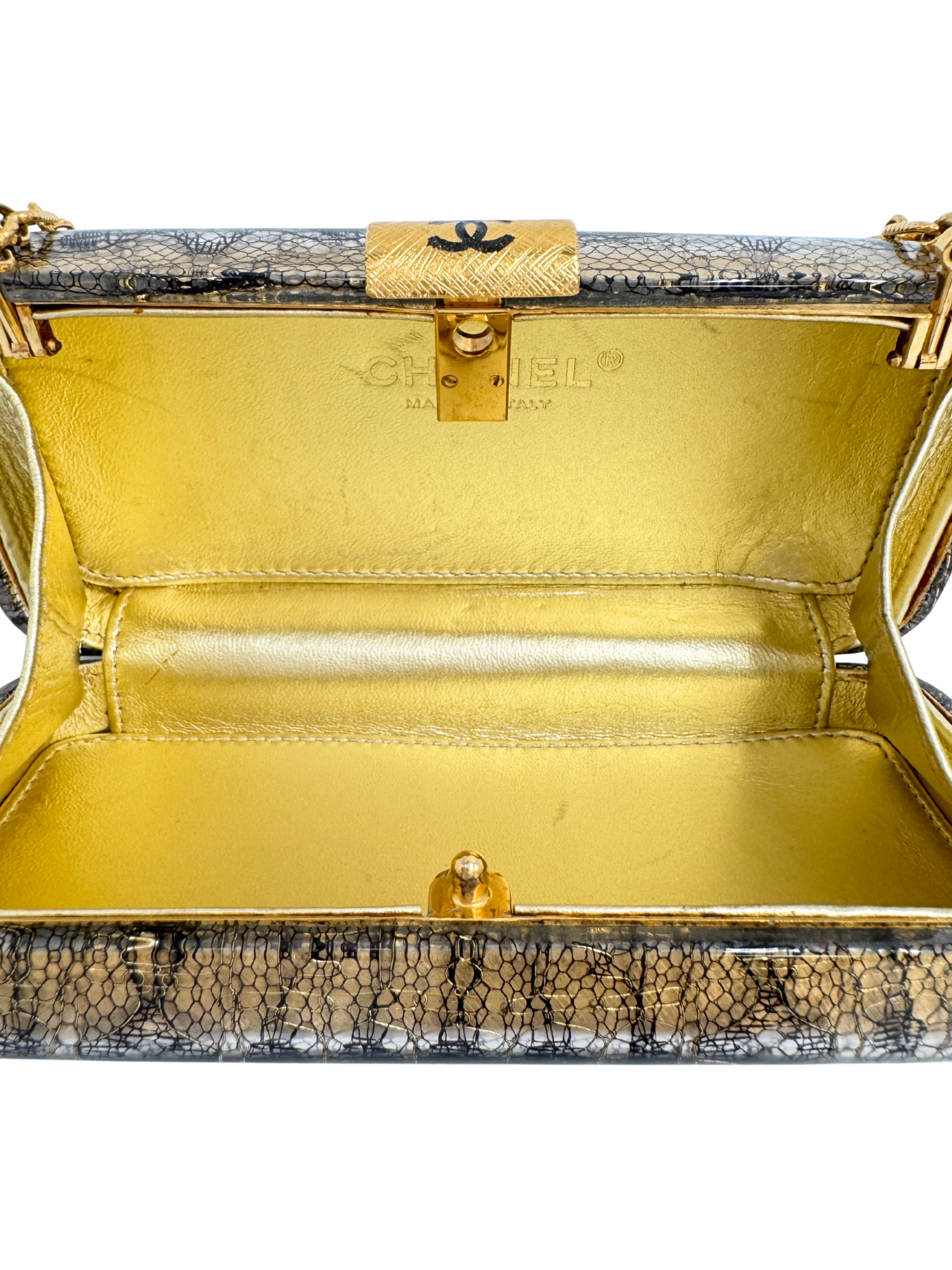 Lace CC Minaudiere in Gold & Black Acrylic Plexiglass