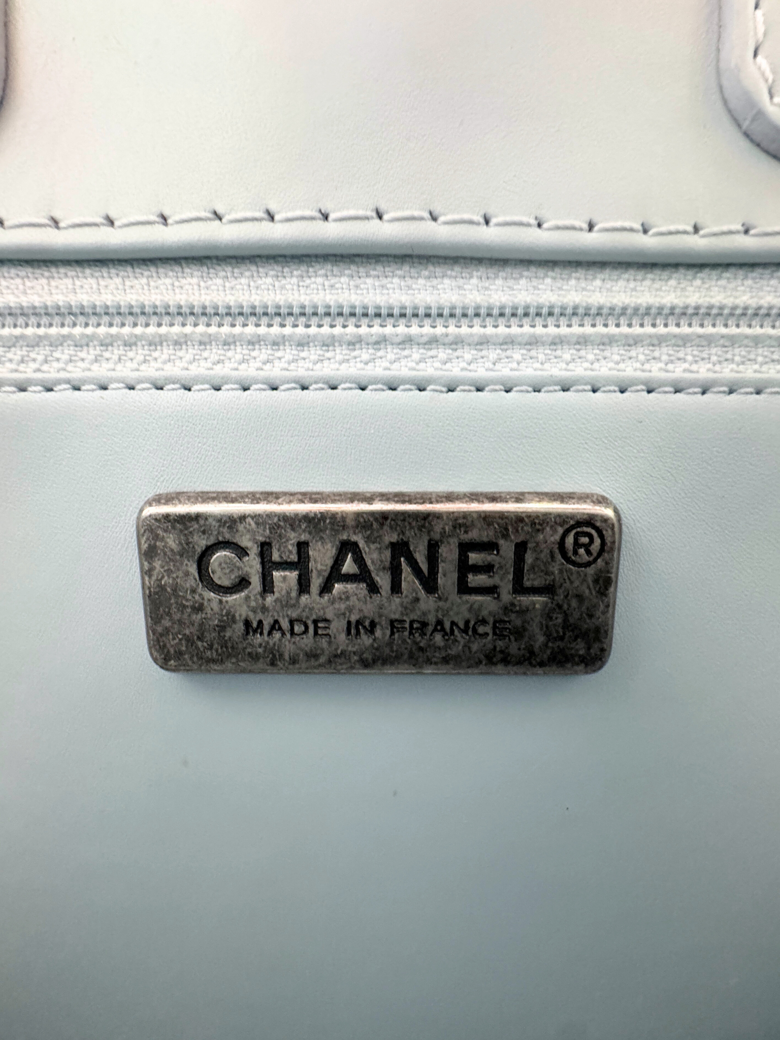 Embellished Watercolor Runway Shopping Tote Bag in Pale Blue Calfskin Leather