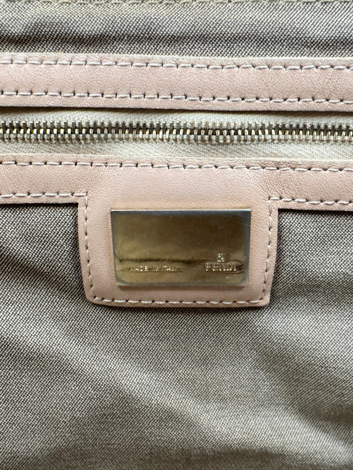 FF Logo Mamma Baguette Hobo Shoulder Bag in Mauve/Brown and Ivory Zucchino Canvas