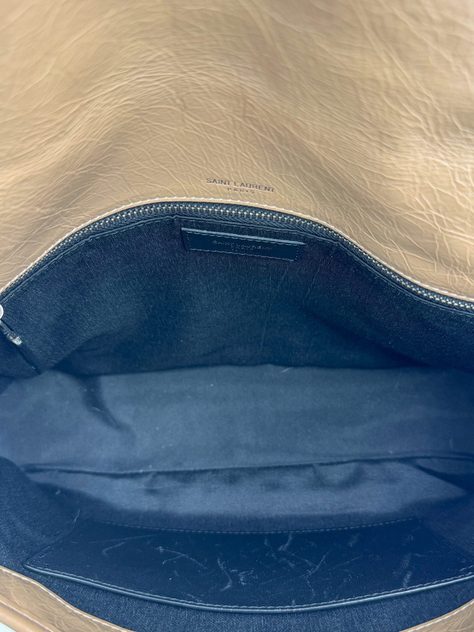 Medium Niki Chevron YSL Logo Shoulder Bag in Taupe Crinkled Calfskin Leather