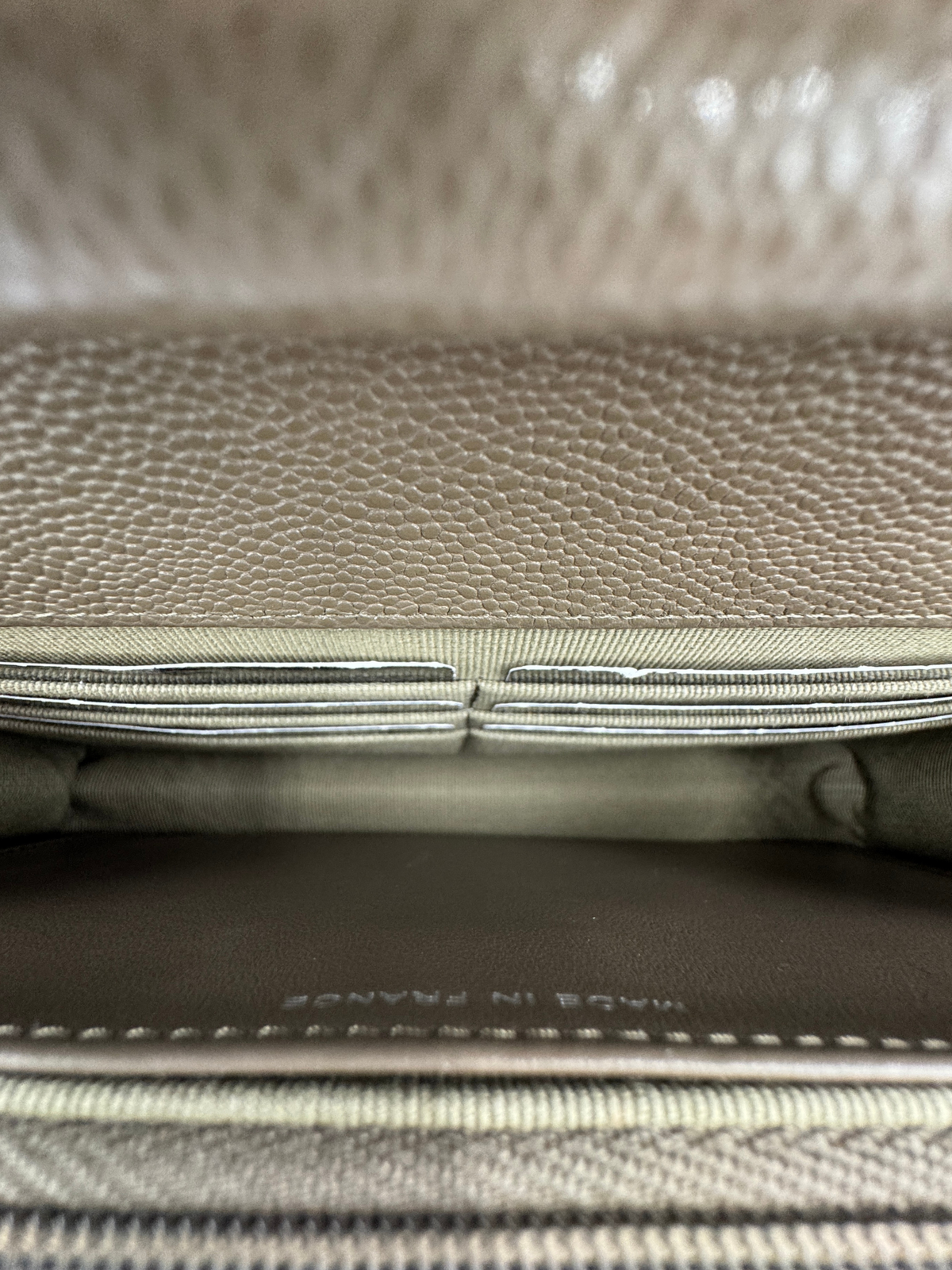 Classic Quilted Wallet on Chain Crossbody Shoulder Bag with CC Turnlock in Taupe Caviar Leather