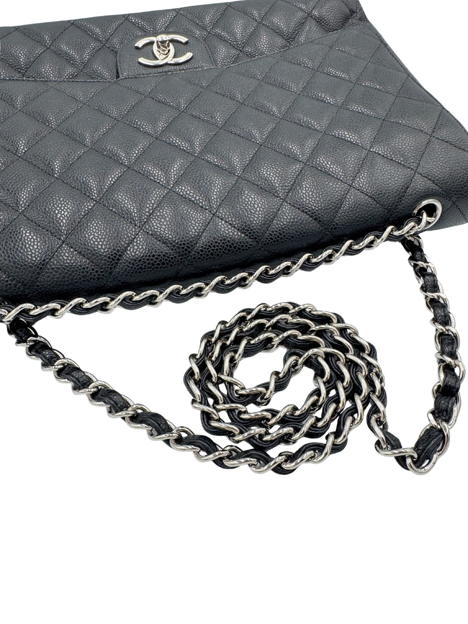 Quilted Maxi Classic Double Flap Shoulder Bag in Black Caviar Leather