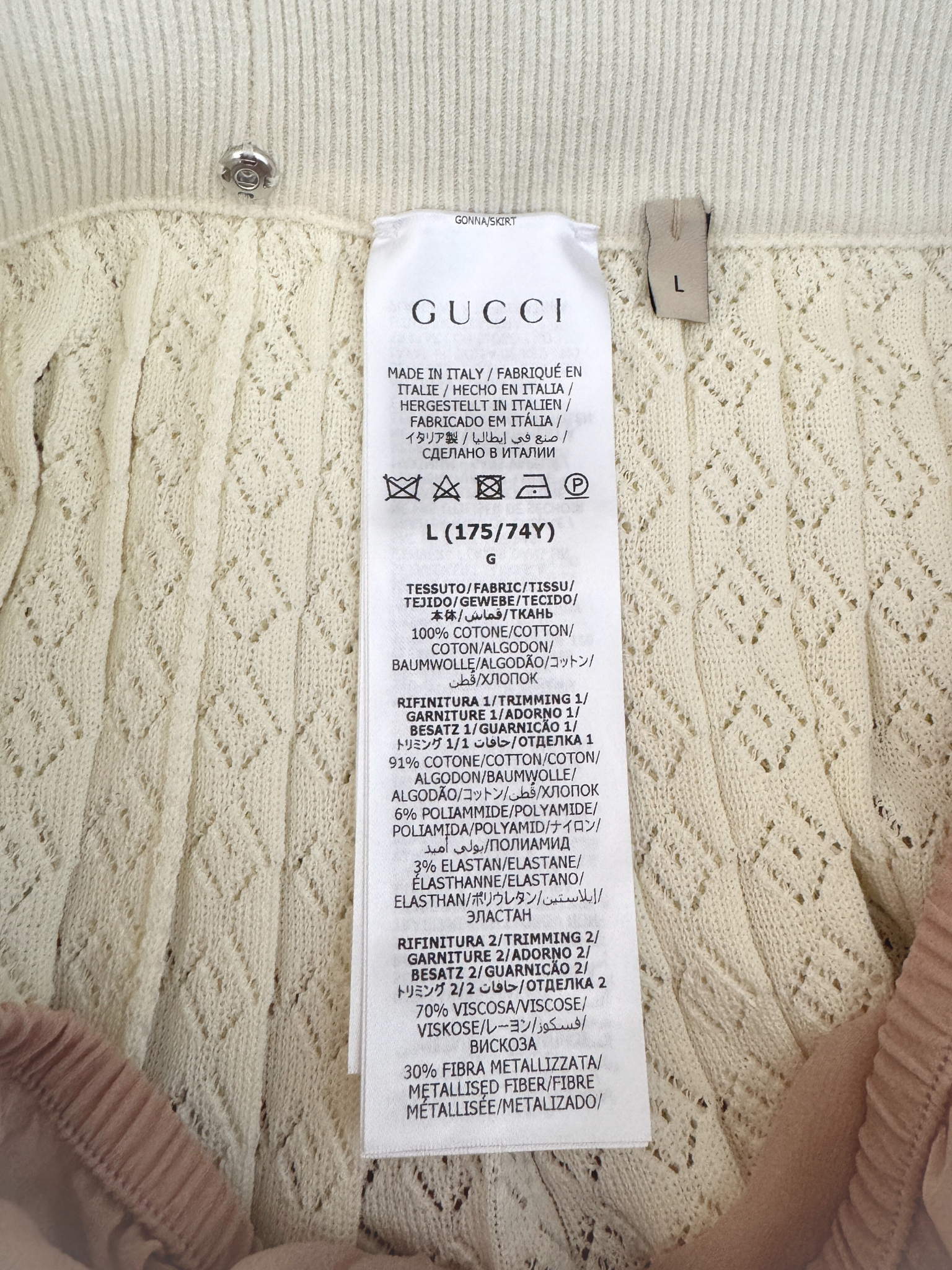 Size L GG Monogram Pleated Midi Skirt in Ivory Knit with Gucci Web Trim