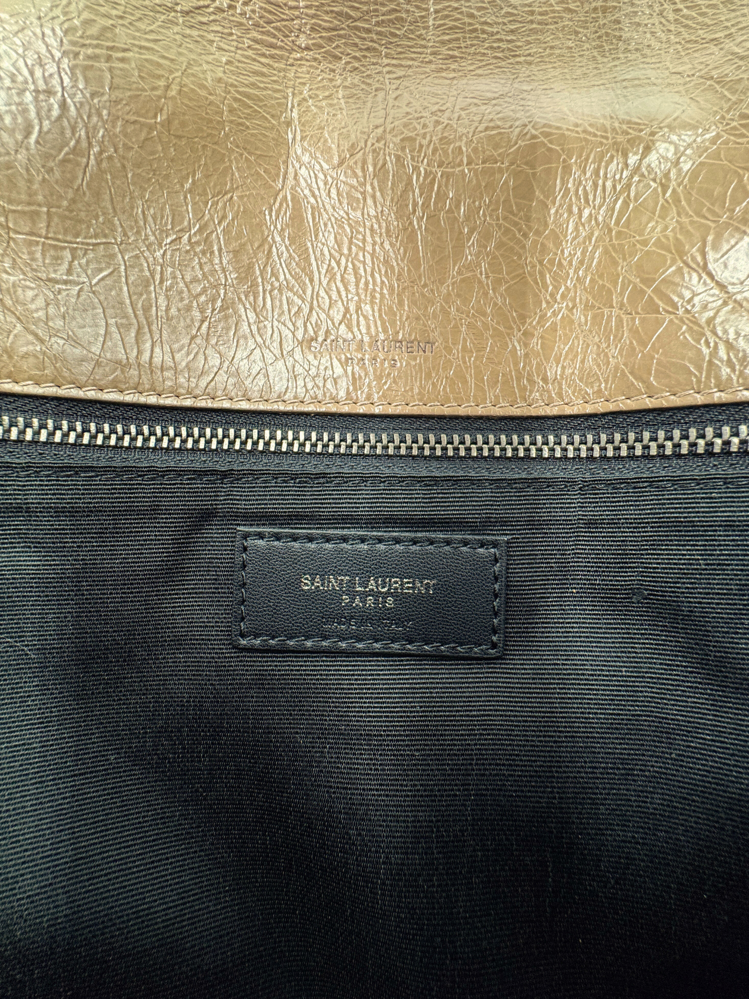 Medium Niki Chevron YSL Logo Shoulder Bag in Taupe Crinkled Calfskin Leather