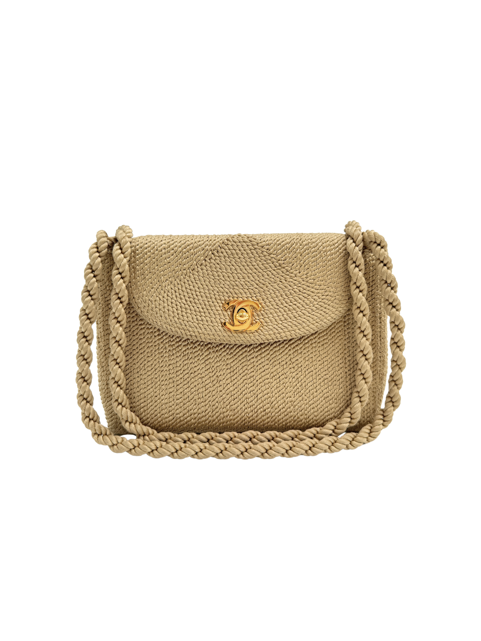 Vintage Woven Single Flap Shoulder Bag with Rope Detail in Gold Satin