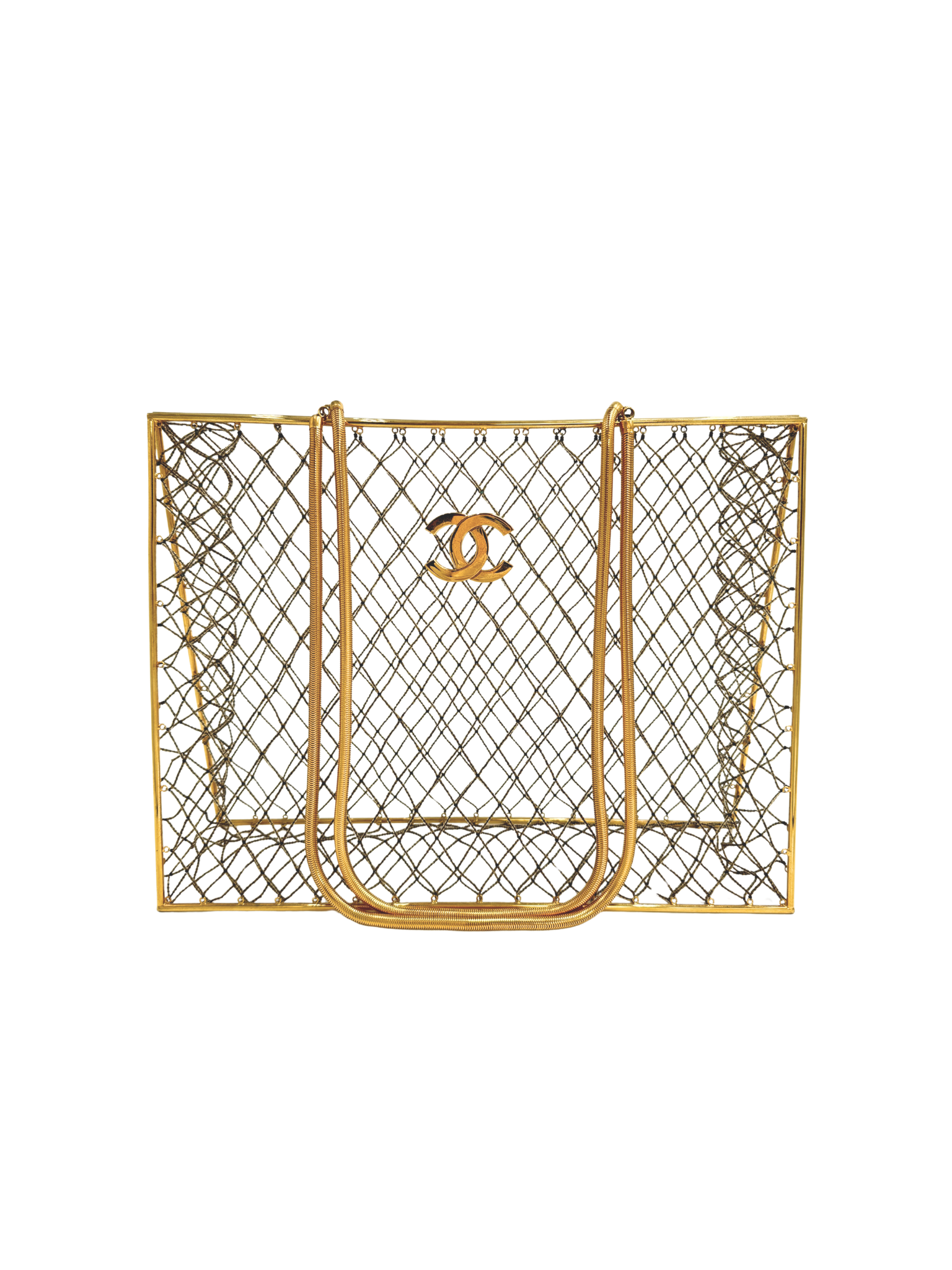 Rare Vintage 1997 Runway XL Metal Cage Shopping Tote Bag in 24k Gold Plated Hardware