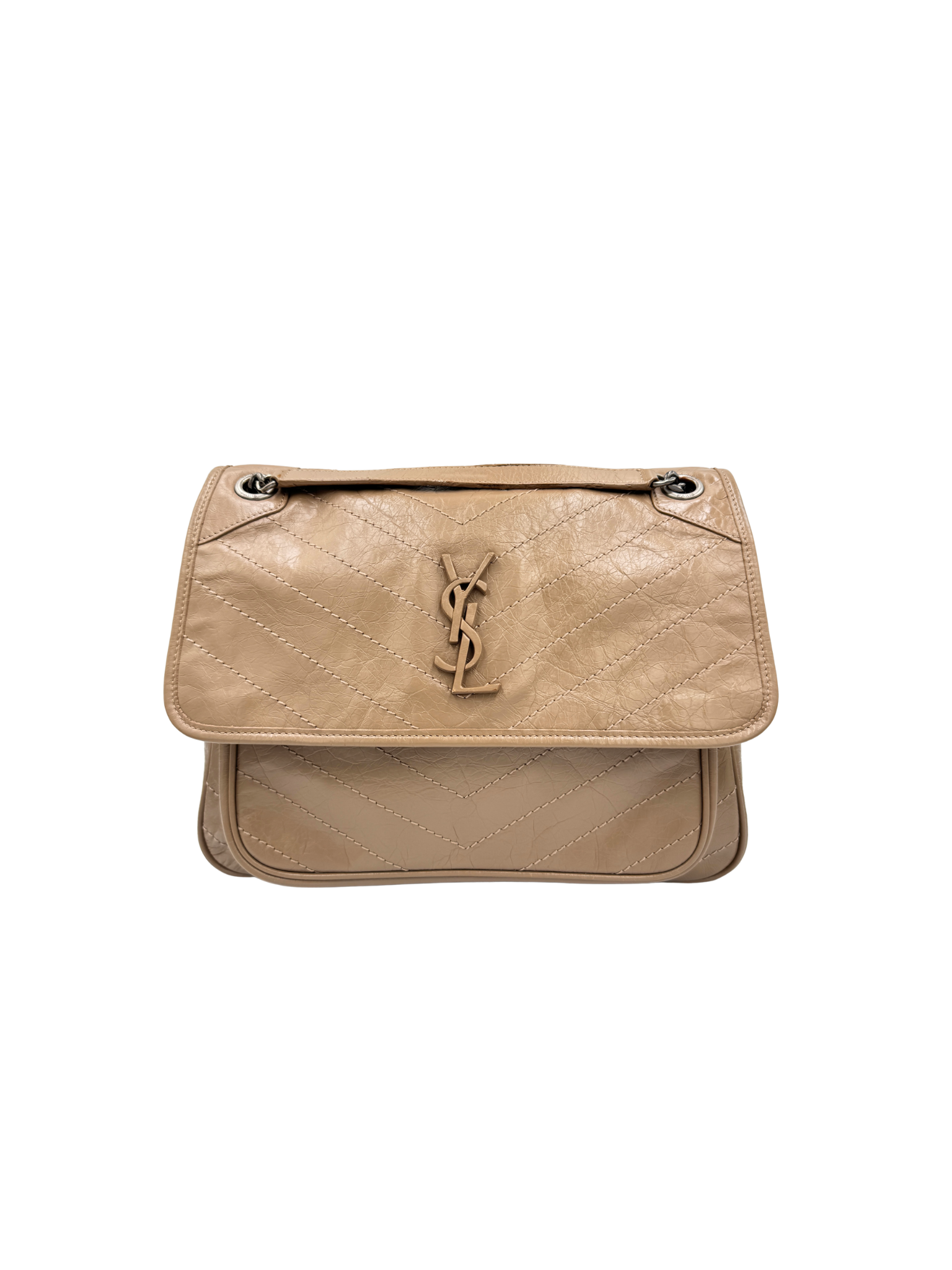 Medium Niki Chevron YSL Logo Shoulder Bag in Taupe Crinkled Calfskin Leather