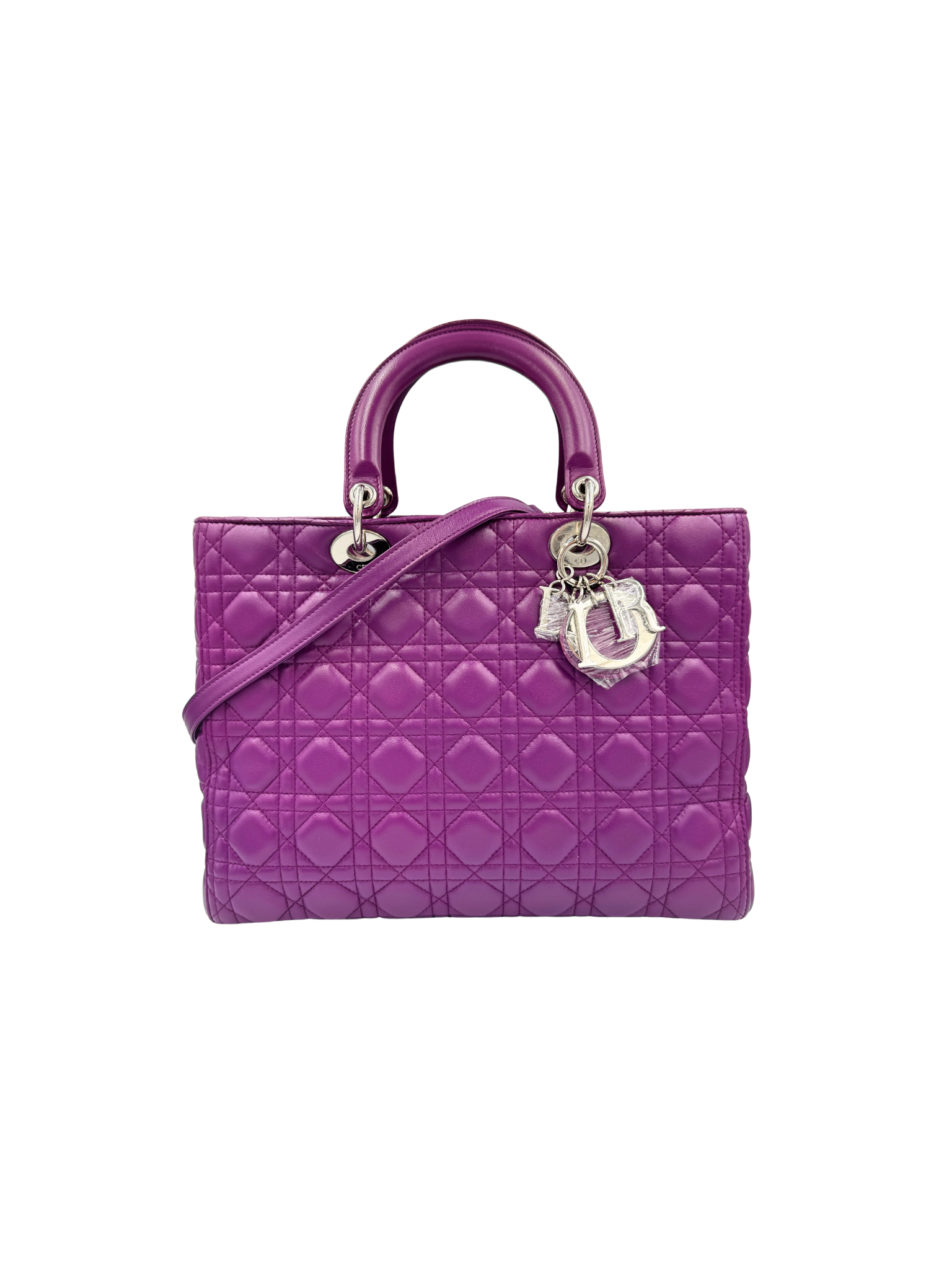 Large Classic Cannage Quilted Lady Dior Tote Bag in Purple Leather
