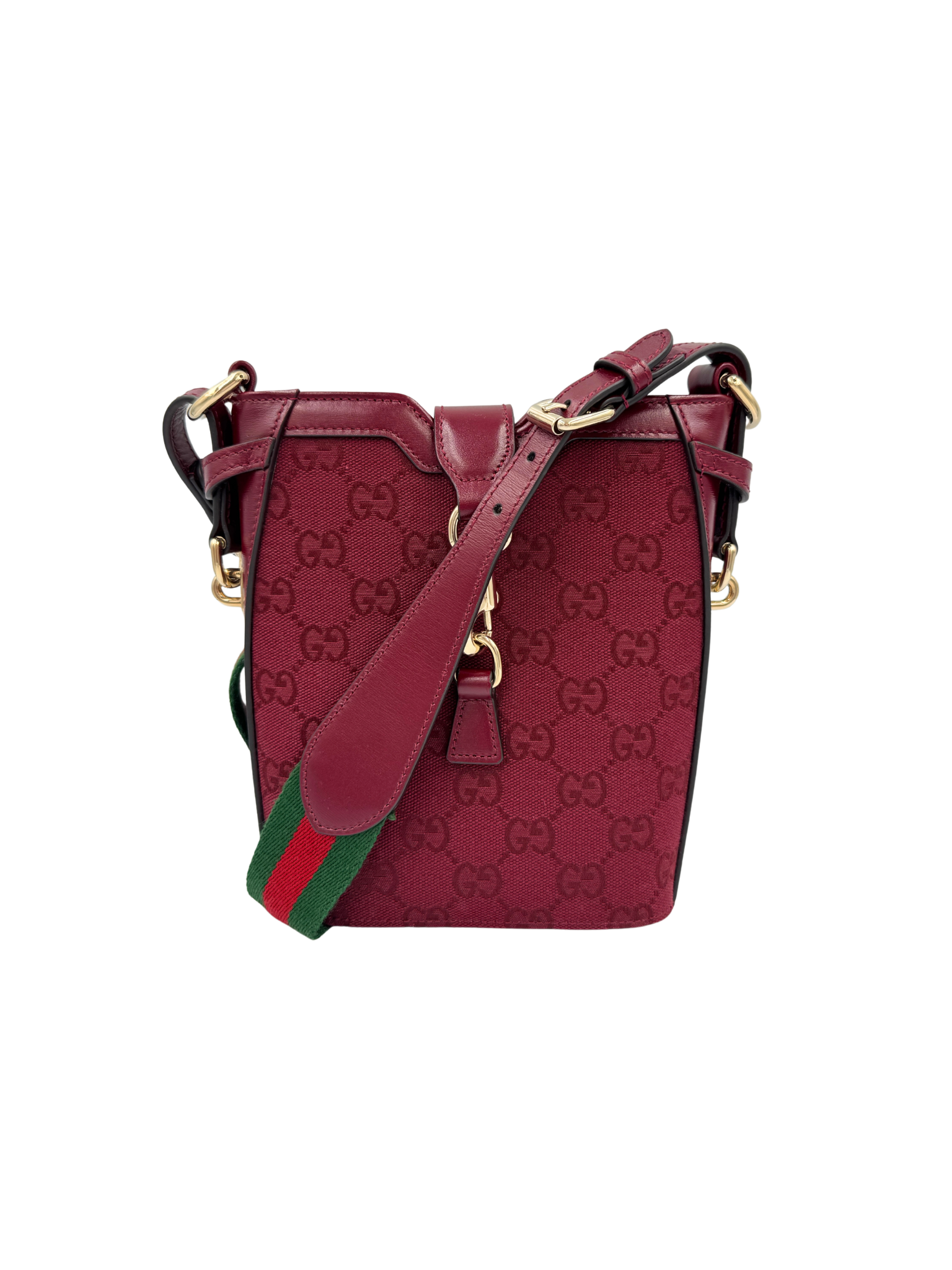 Logo Bucket Shoulder Bag with Gucci Web Strap in Burgundy Rosso Ancora Monogam GG Supreme Canvas