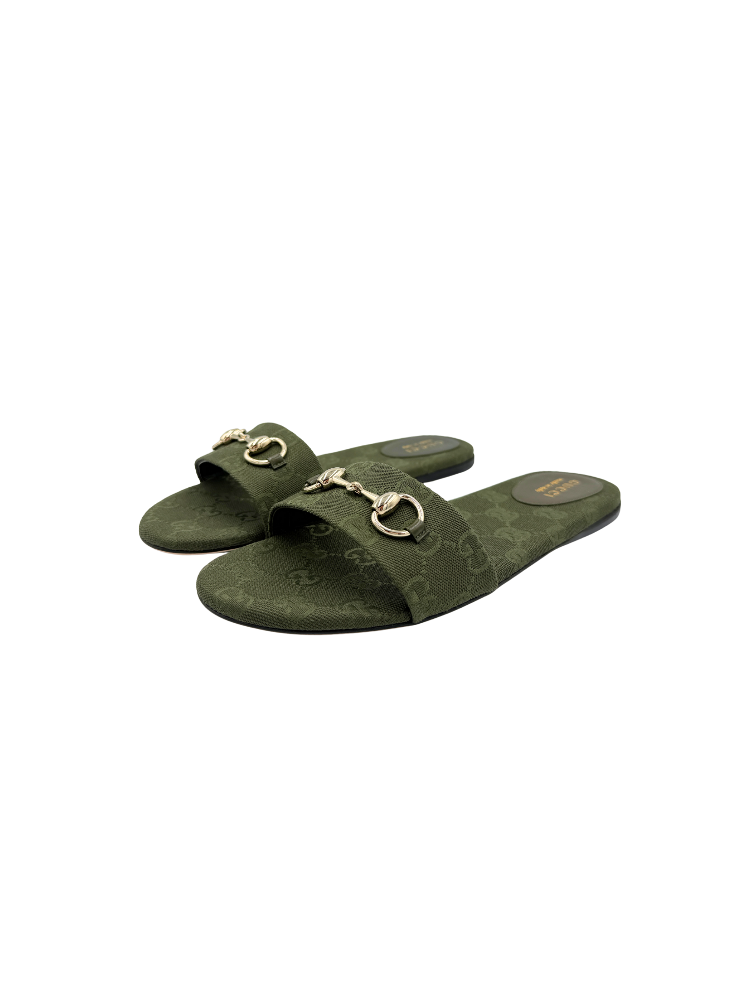 Size 39 Horsebit GG Supreme Flat Slide Sandals in Green Monogram Canvas
