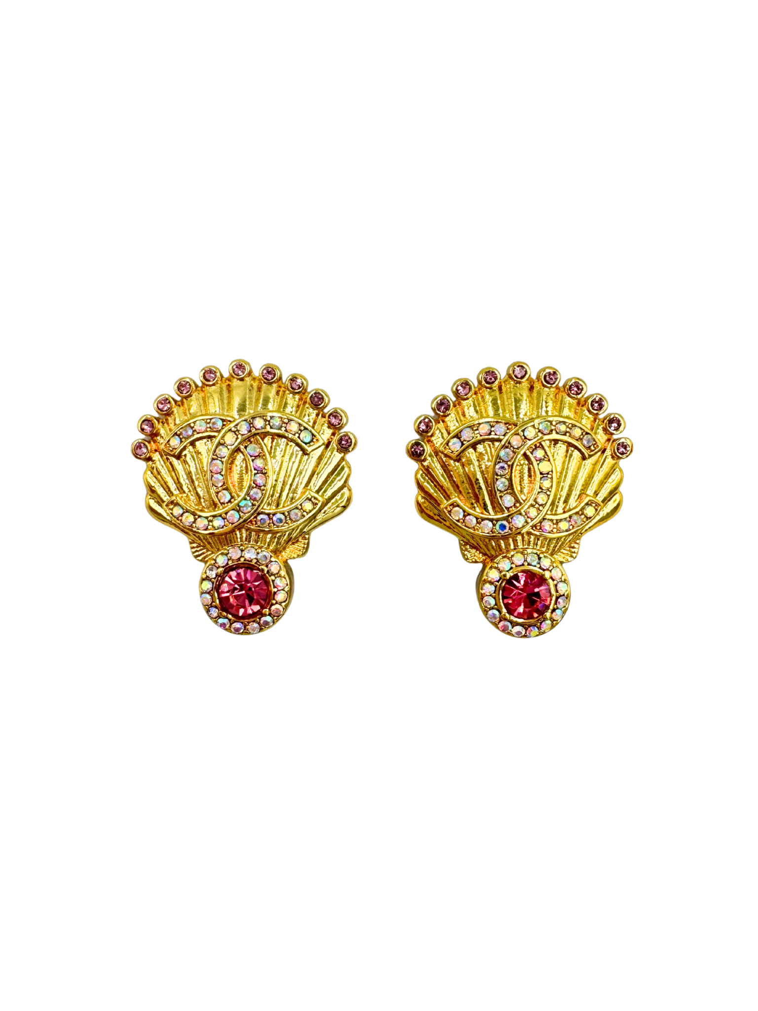2023 Crystal-Embellished CC Shell Stud Earrings in Golden Hardware