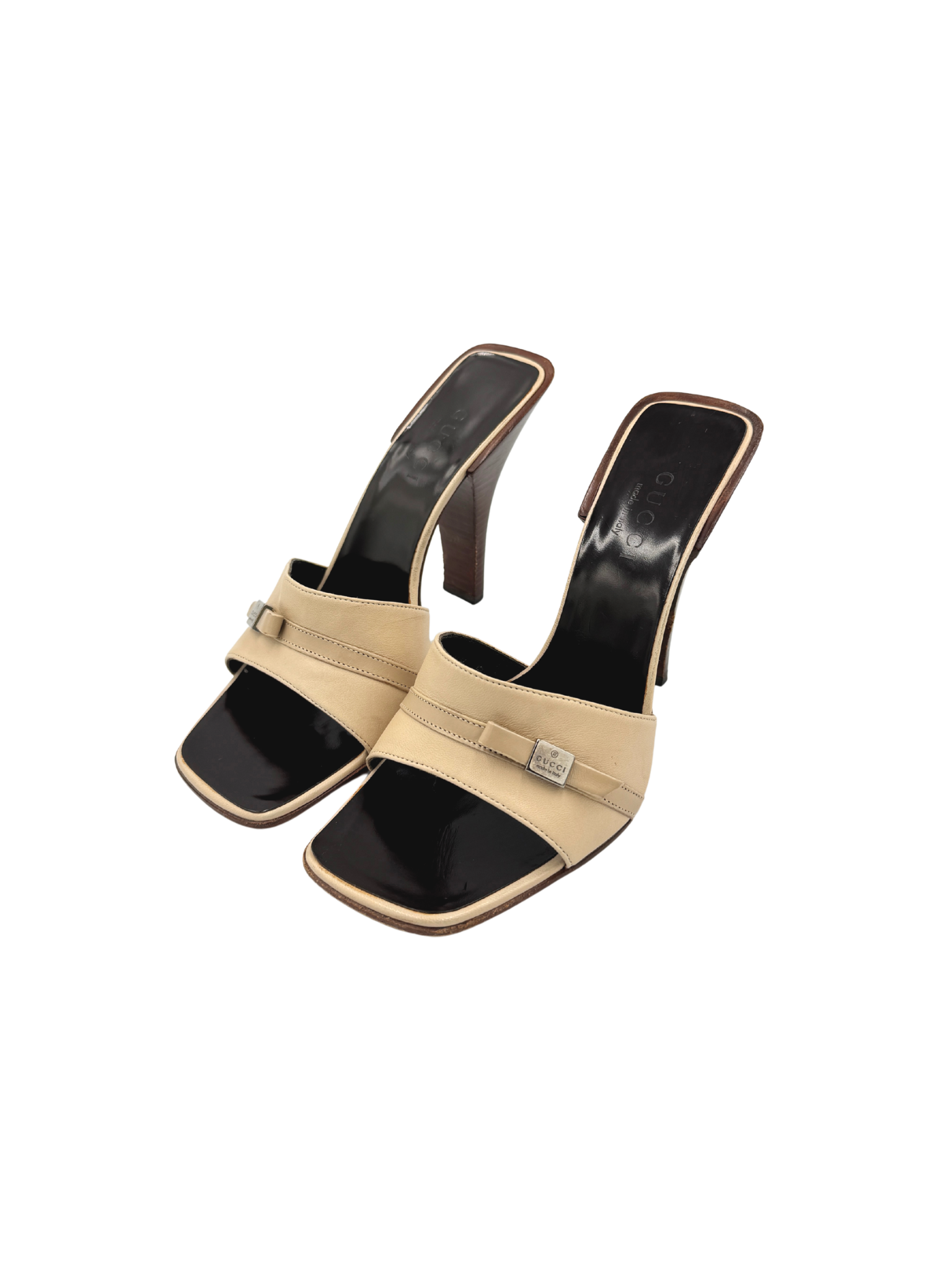 Size 7.5 Vintage Tom Ford Era Slip-On Mules with Gucci Plaque in Beige Leather
