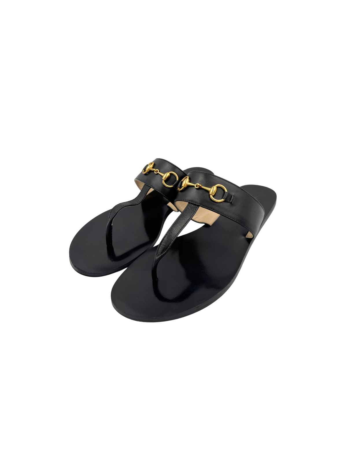 Size 39 Horsebit Flat Slide Thong Sandals in Black Leather