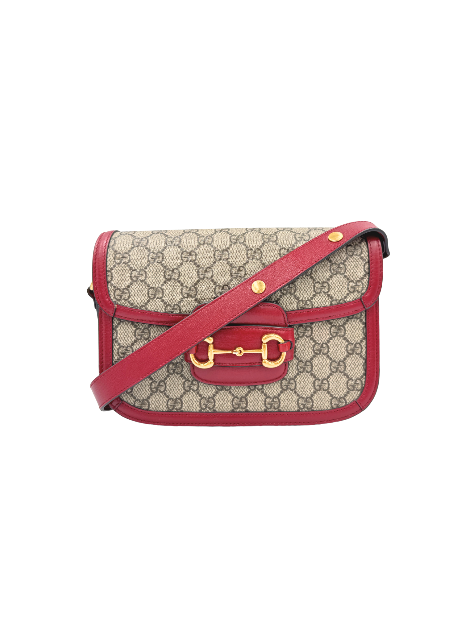 1955 Horsebit Shoulder Bag in Brown and Tan Monogram GG Supreme Coated Canvas with Burgundy Leather Trim (Copy)