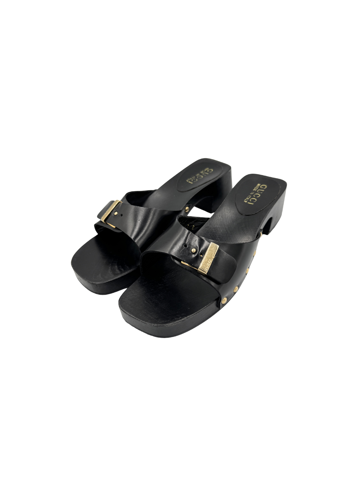 Size 7 Vintage Tom Ford Era Wooden Slip-On Mule Sandals in Black Leather