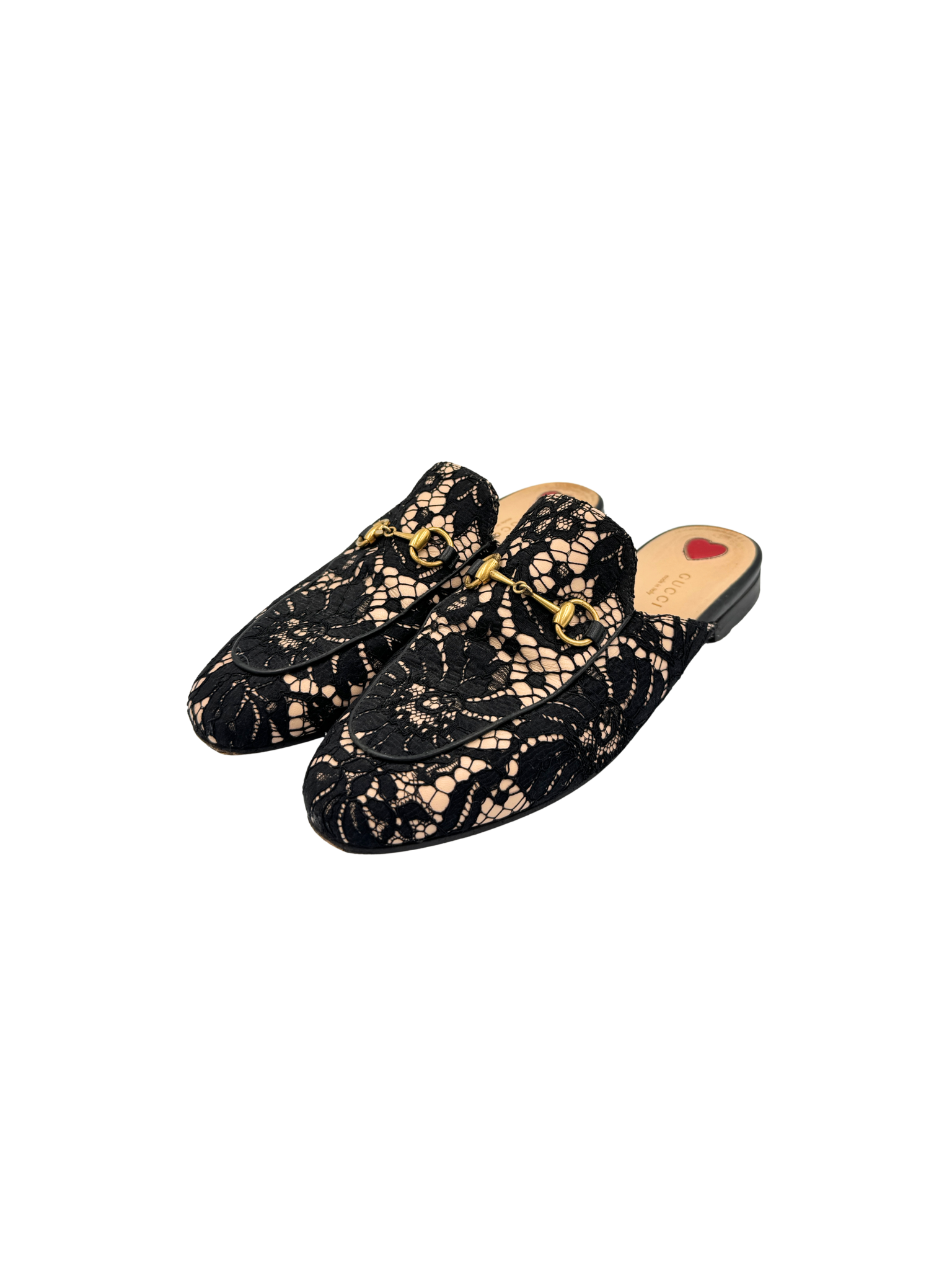 Size 38 Horsebit Princetown Flat Slide Mule Loafers in Black and Ivory Lace