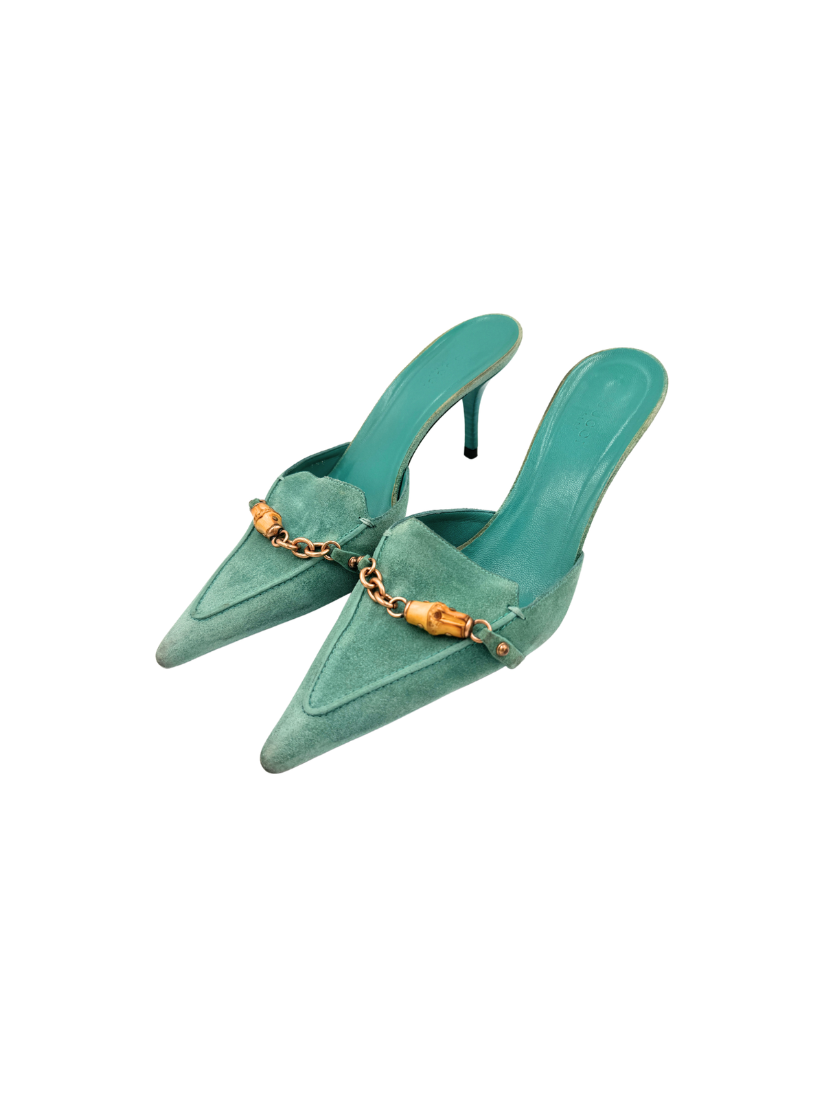 Size 7.5 Vintage Tom Ford Era Bamboo Pointed Toe Slip-On Mules in Turquoise Suede