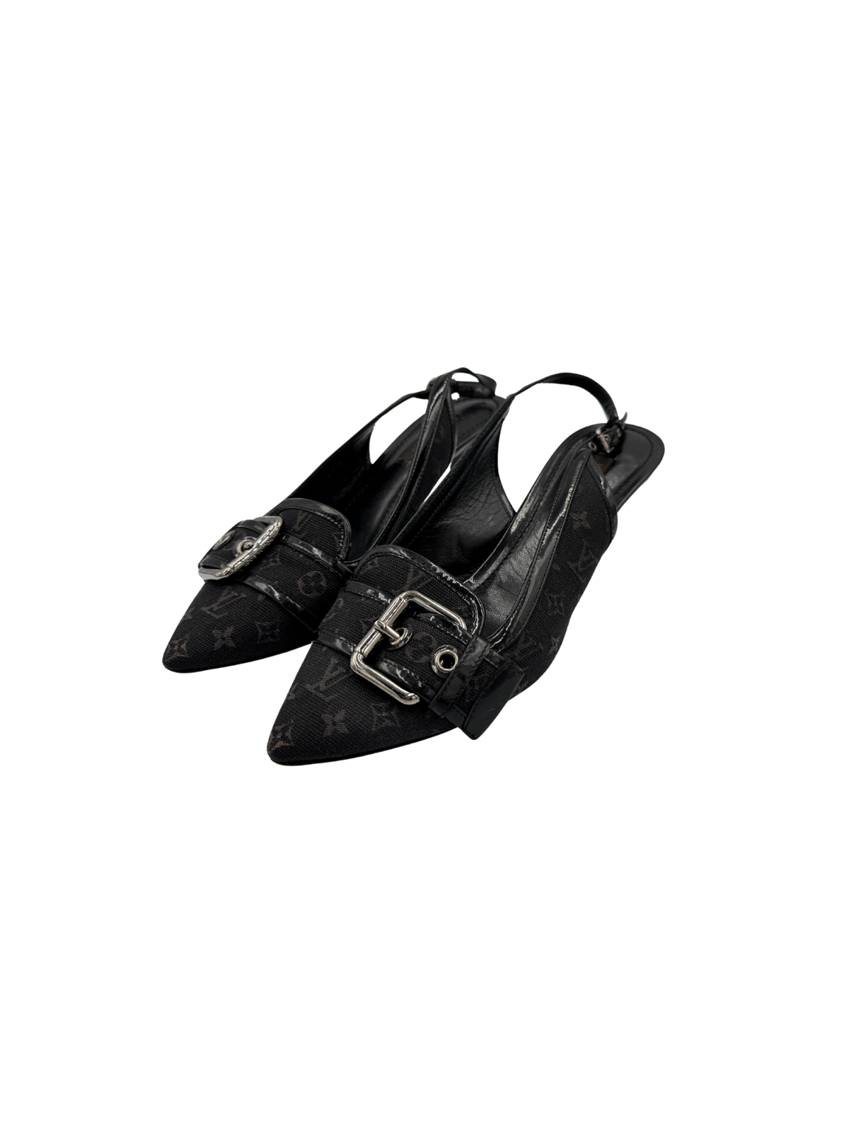 Size 37 Vintage LV Logo Pointed Toe Slingback Pumps in Black Monogram Canvas