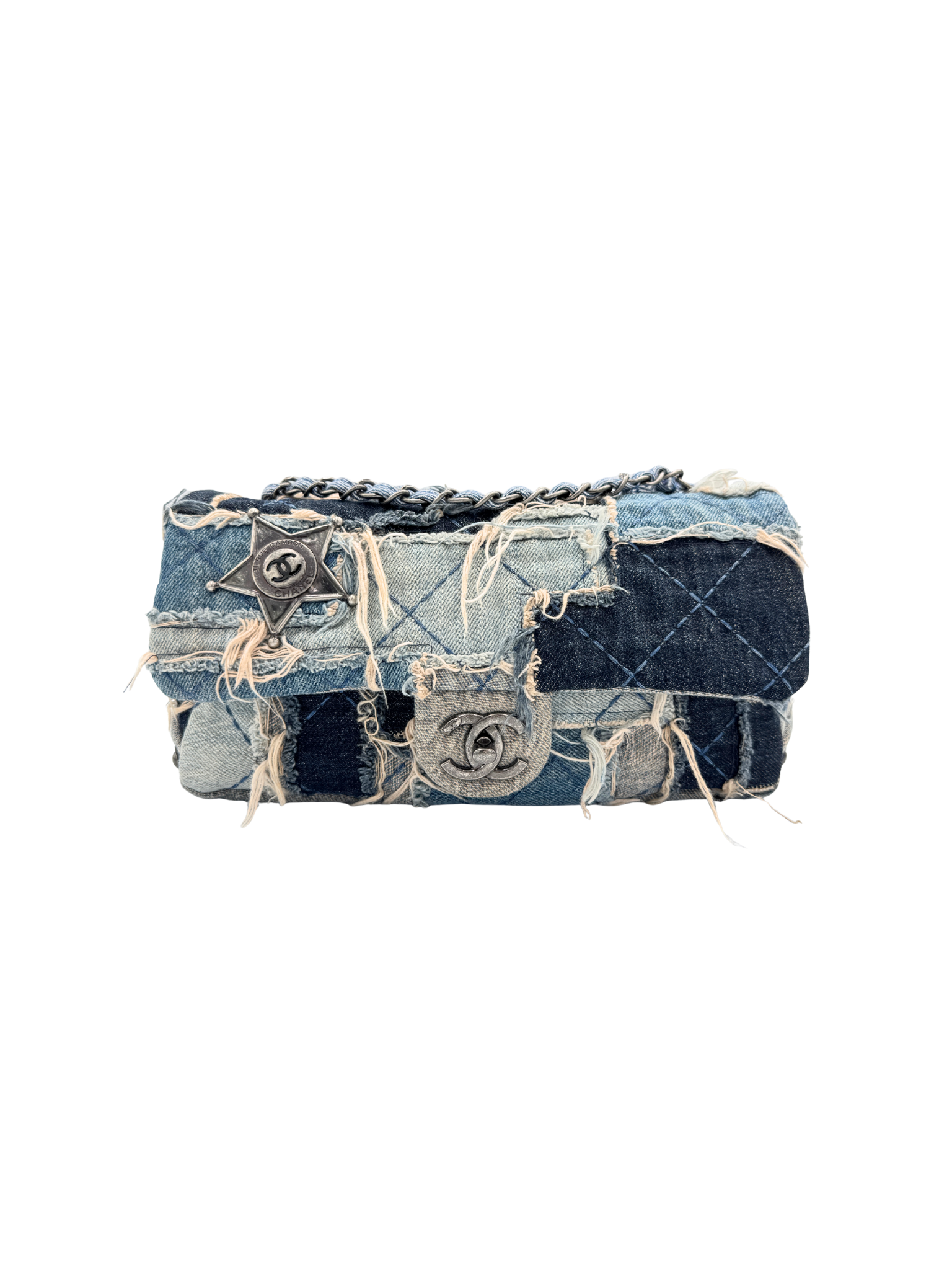 Paris Dallas Collection East-West Classic Flap Shoulder Bag in Patchwork Denim