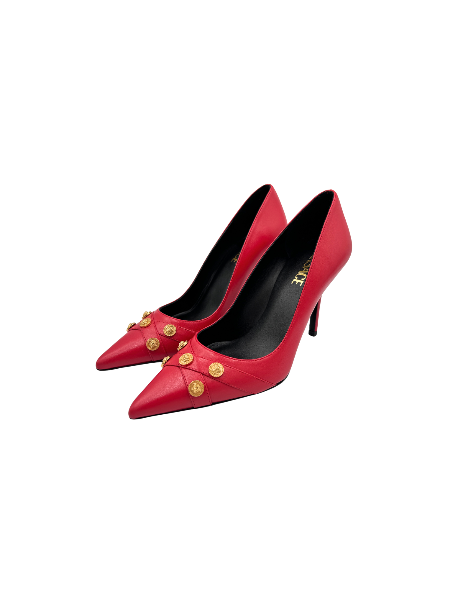 Size 37 La Medusa Medallion Pointed Toe Pumps in Red Leather