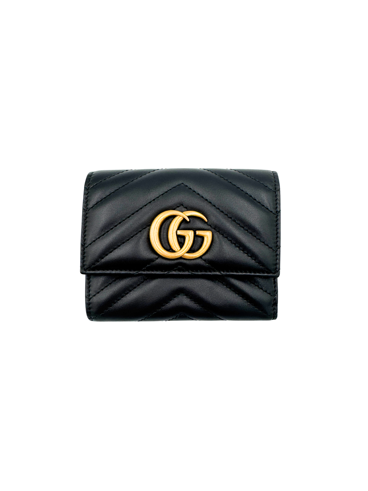 GG Marmont Tri-Fold Compact Wallet in Black Leather