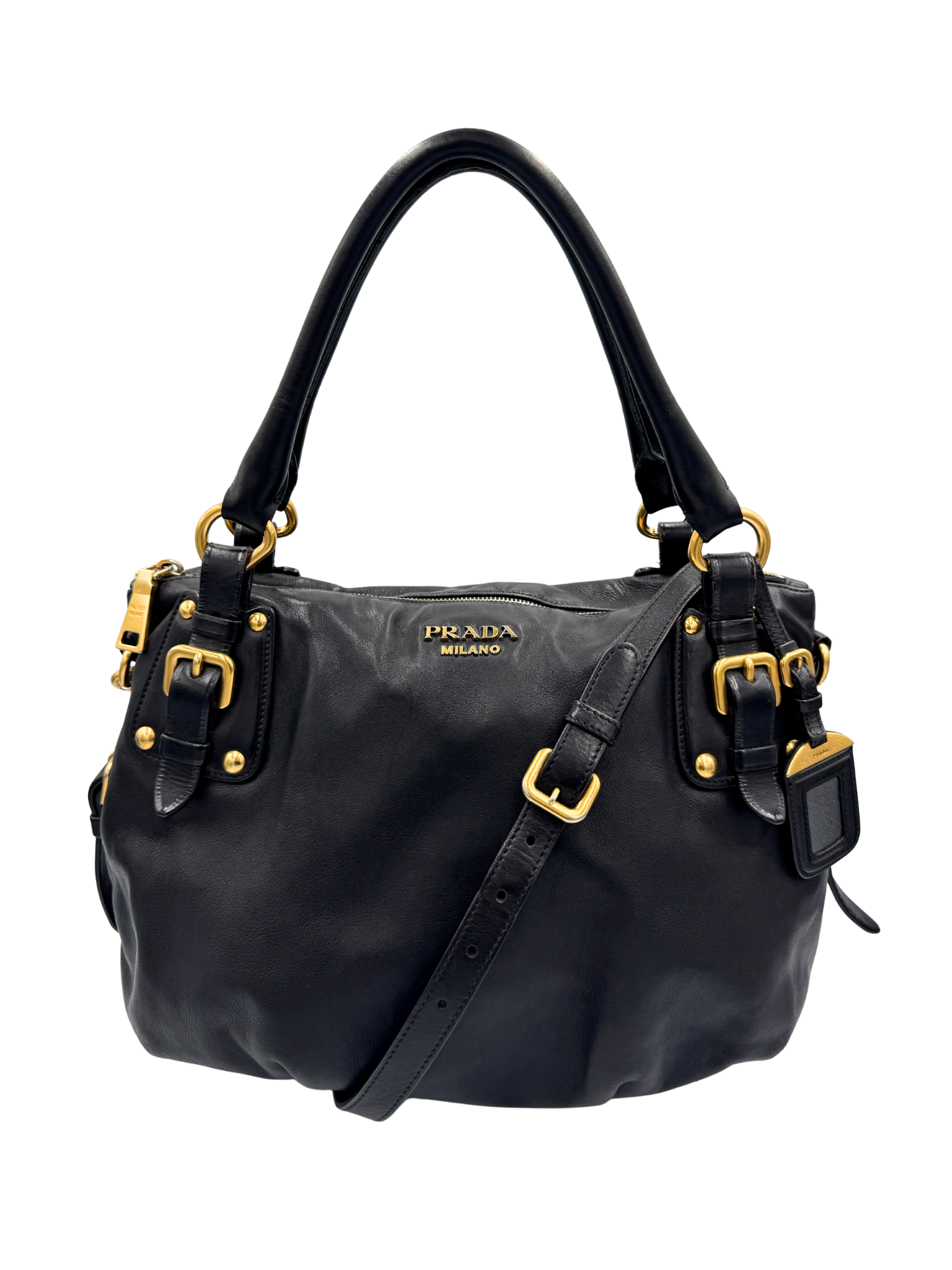 Prada Hobo Satchel Bag with Crossbody Strap in Black Leather