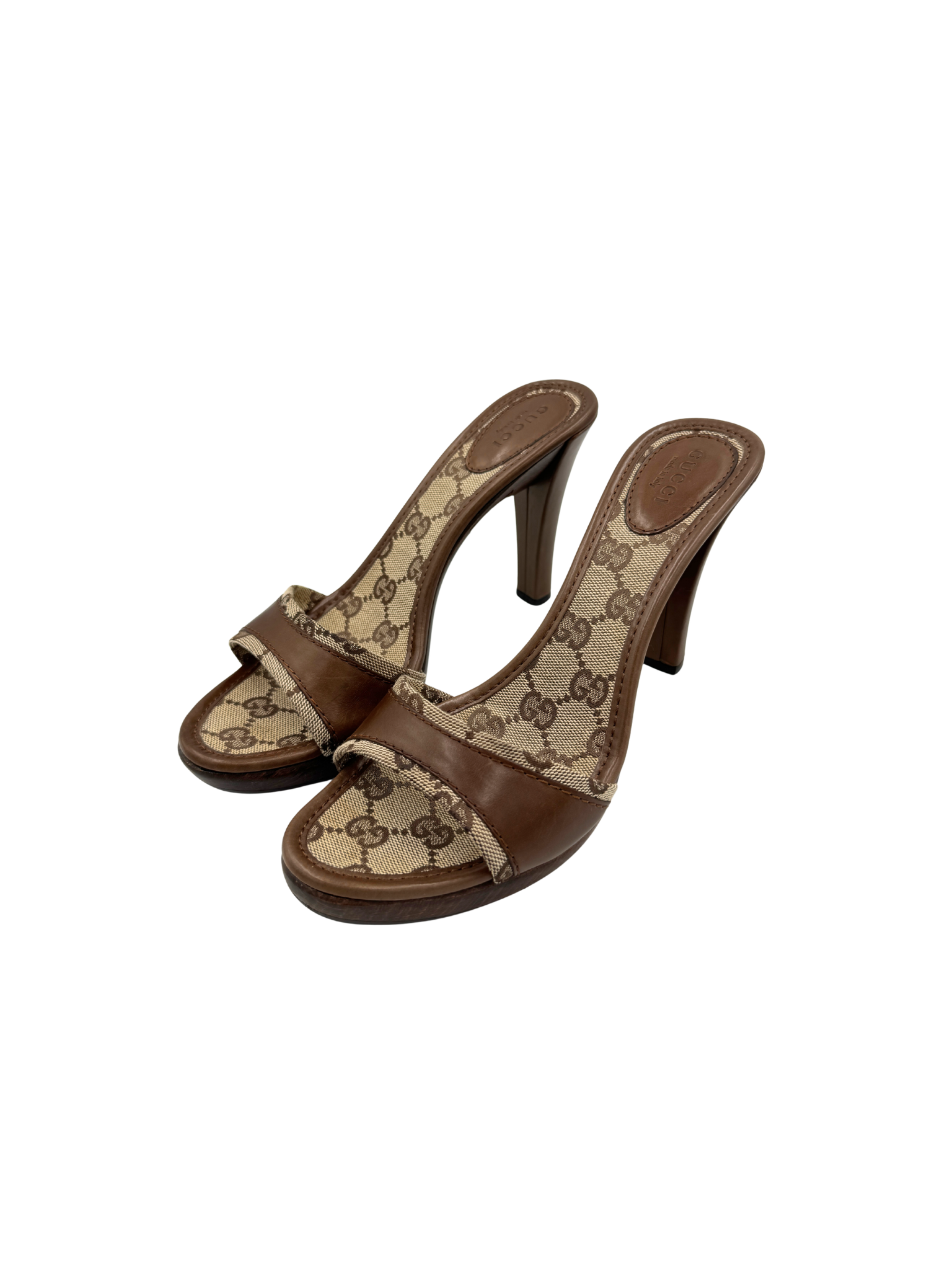 Size 37.5 Logo Mule Sandals in Brown and Tan Monogram GG Supreme Canvas with Leather Trim