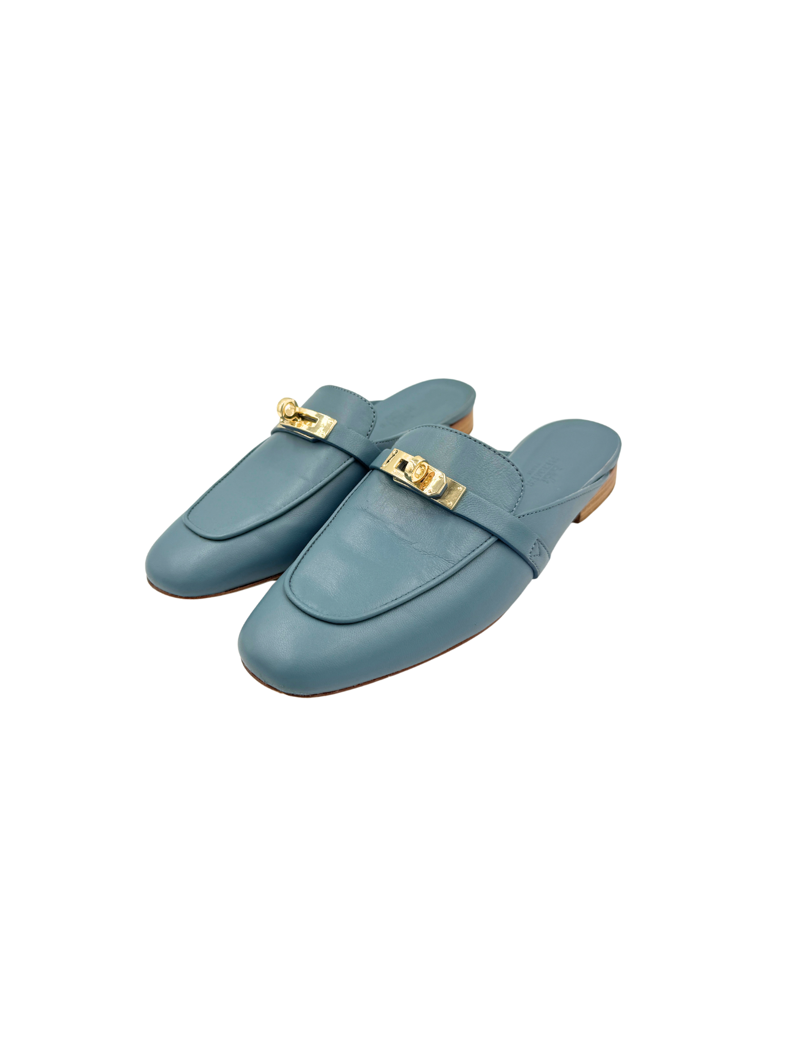 Size 37 Oz Mules with Kelly Buckle in Blue Calfskin Leather