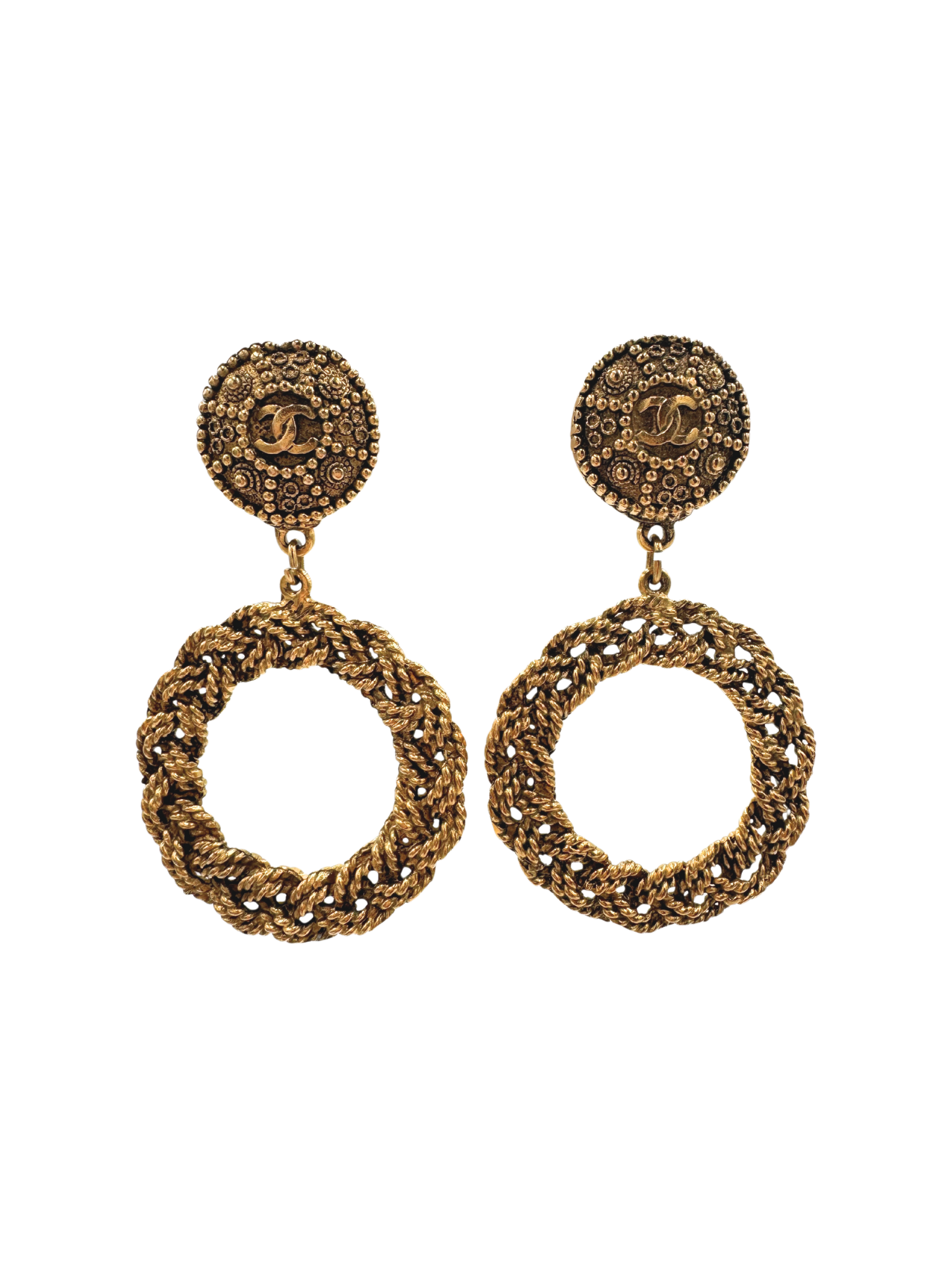 Vintage Braided Drop Hoop CC Earrings in 24k Plated Gold