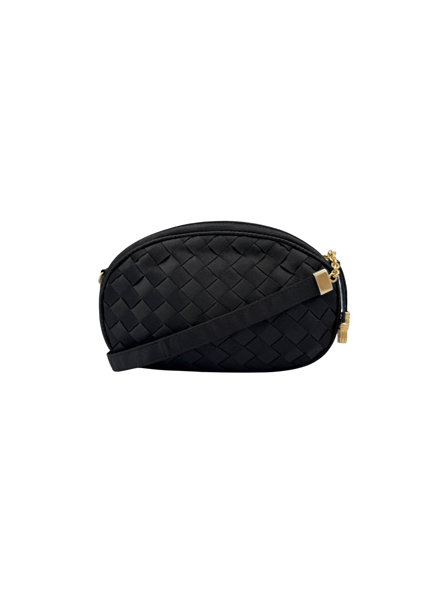 Vintage Camera Shoulder Bag in Black Intrecciato Woven Satin
